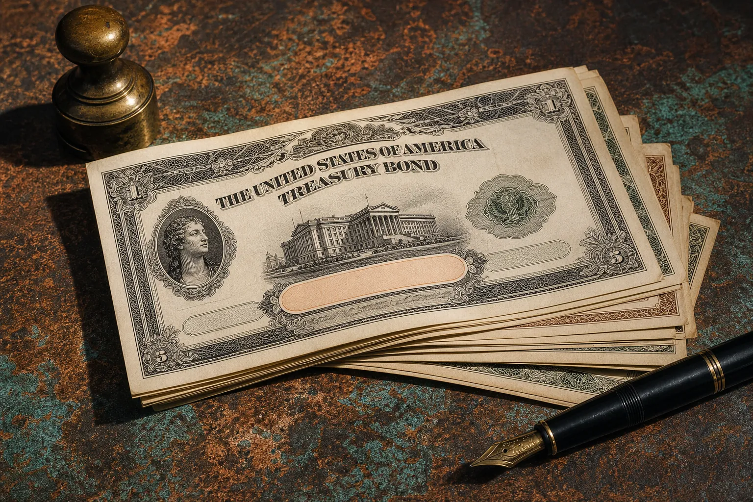 10-year Treasury yield: vintage coupon bonds on oxidized copper under hard side light