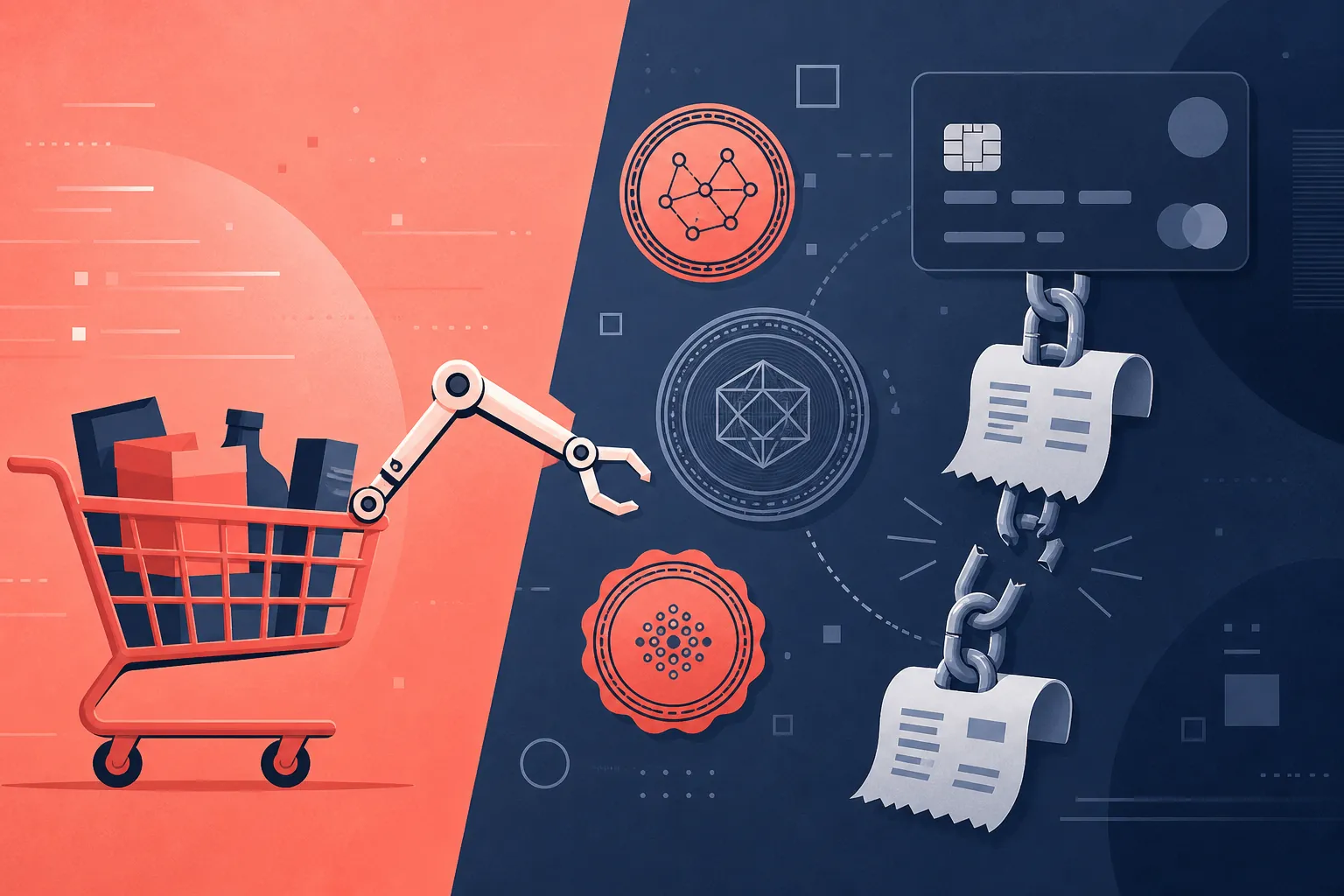 Agent Payments Protocol: coral cart pulled by abstract agent arm with broken receipt-chain seal