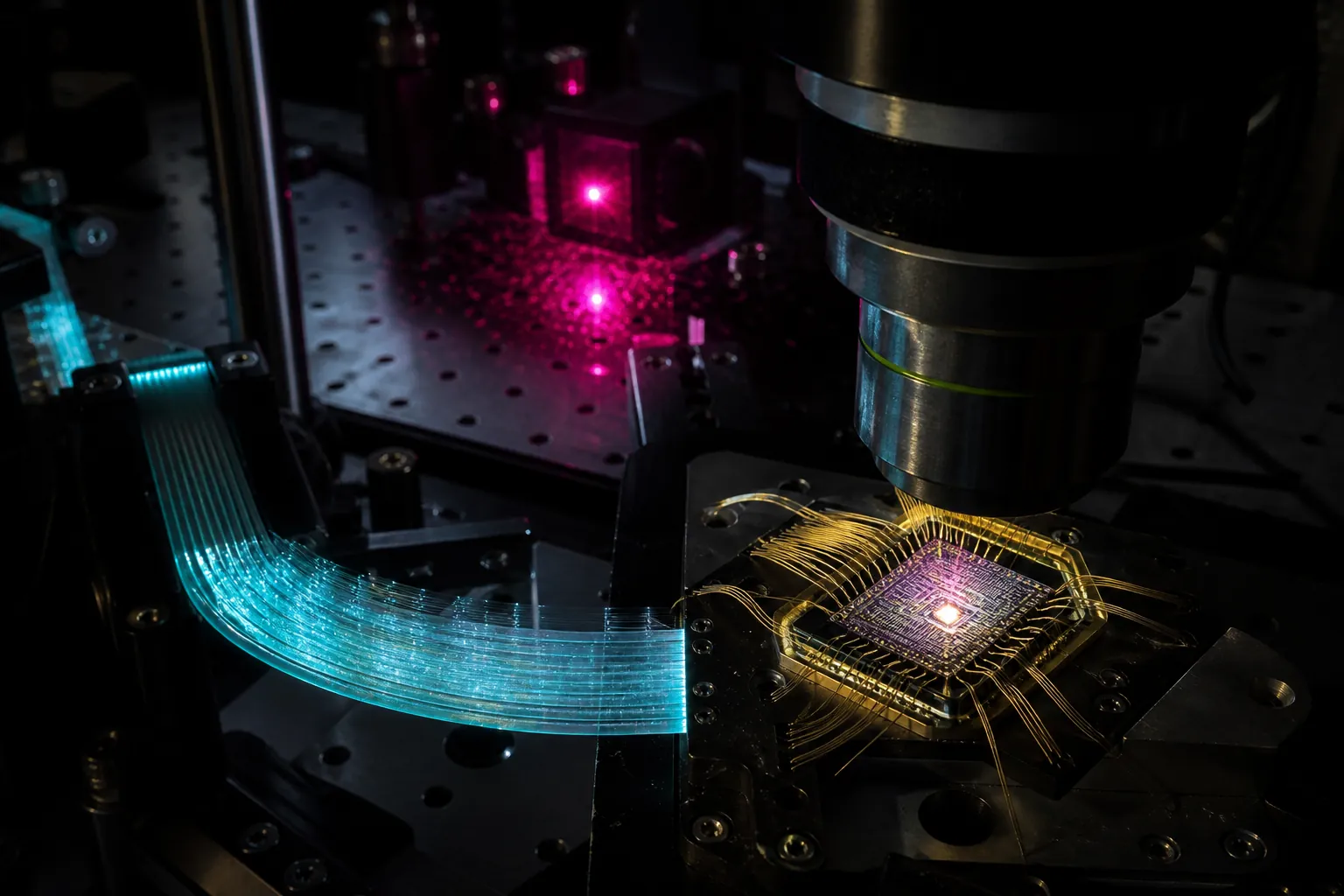 AI semiconductor stocks: cyan fiber ribbon and a gold-wirebonded chip on a black photonics table