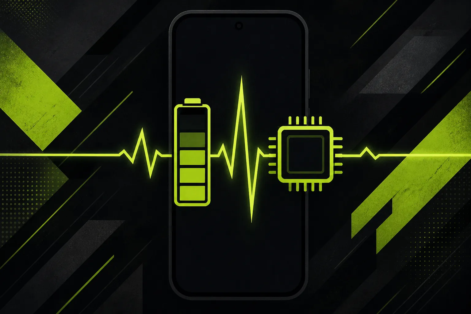 Android Pulse: charcoal phone silhouette with lime waveform through battery and chip icons