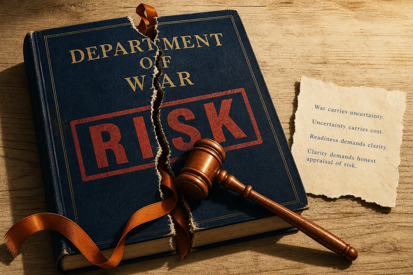 Anthropic ruling: copper gavel splitting a rust RISK stamp on a navy Department of War dossier, orange ribbon on a cream bench