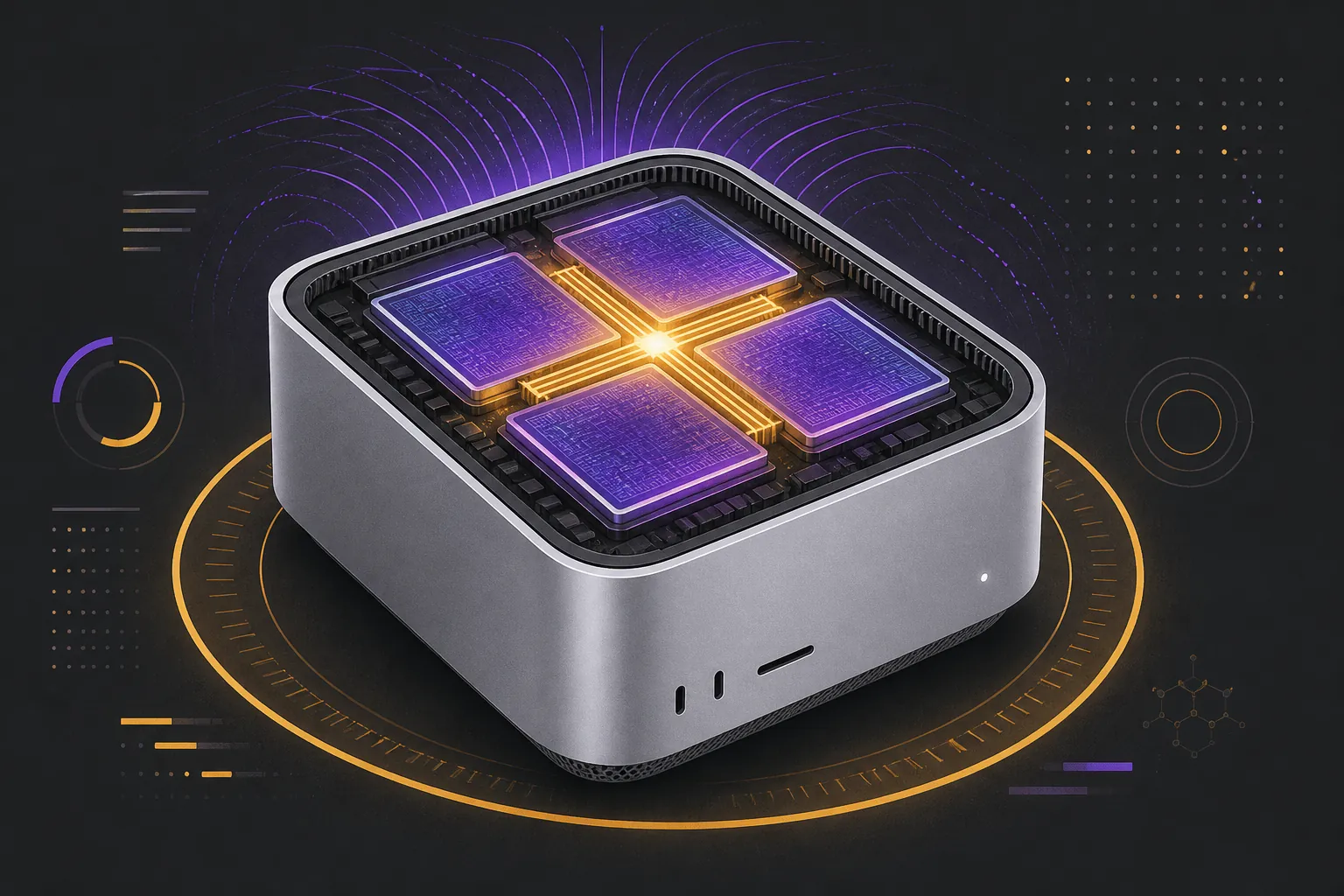 Apple M5 Ultra: silver Mac Studio cube with four fused silicon dies and violet AI waves