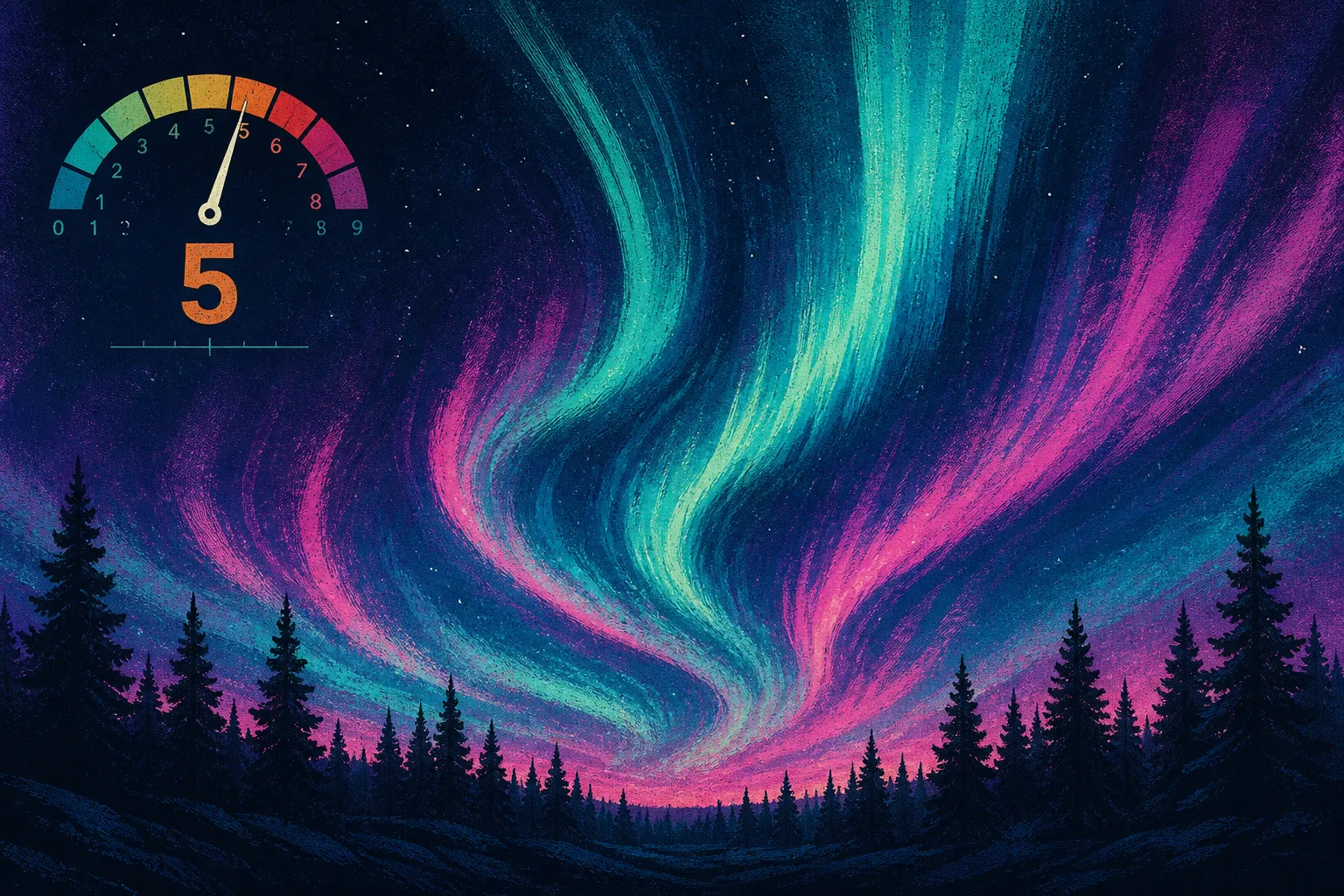 Aurora borealis G1 storm: teal-magenta curtain over pine silhouettes, indigo sky, Kp 5 gauge hint