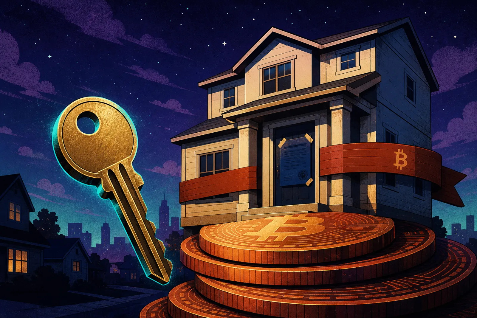 Bitcoin-backed mortgage: cream house on a stack of copper Bitcoin coins with a navy first-lien deed and rust second-lien ribbon