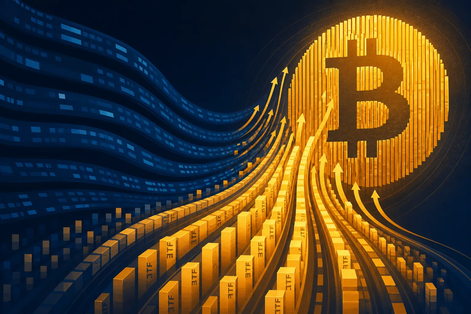 Bitcoin ETF inflows: navy ticker tape flowing into amber Bitcoin coin built from ETF share bars