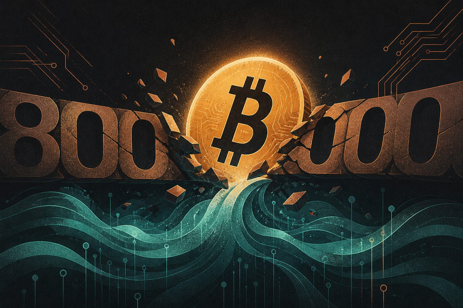 Bitcoin price $80,000: glowing coin silhouette breaking through barrier ribbon with teal liquidity waves