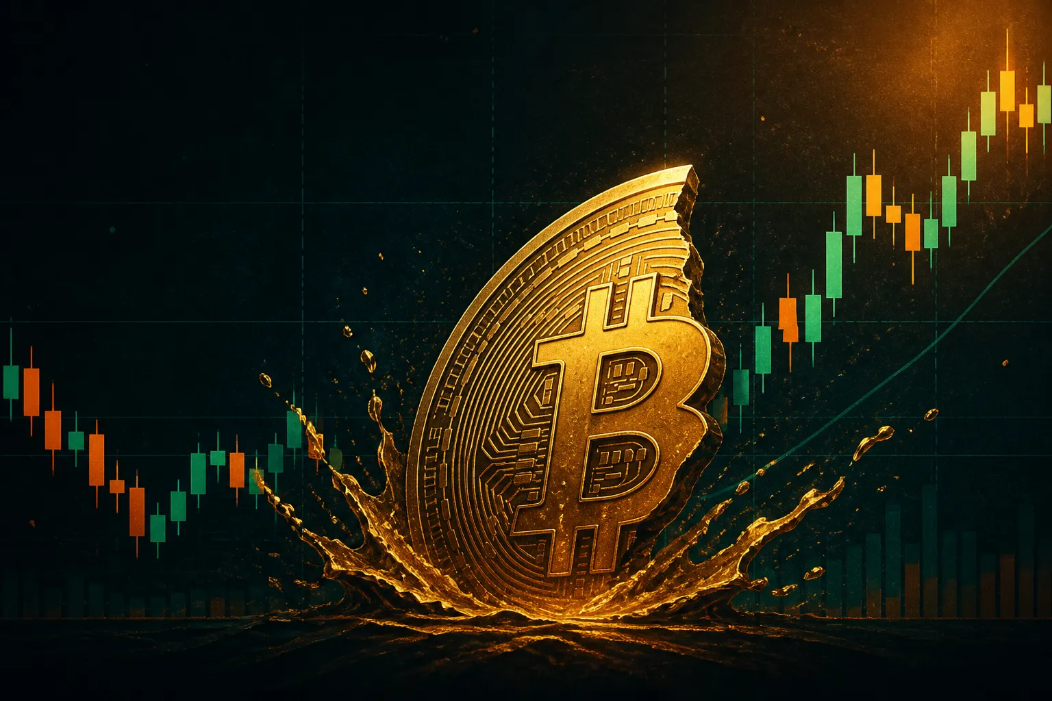 Bitcoin price: gold coin fragment rising through emerald-amber candlesticks on charcoal grid