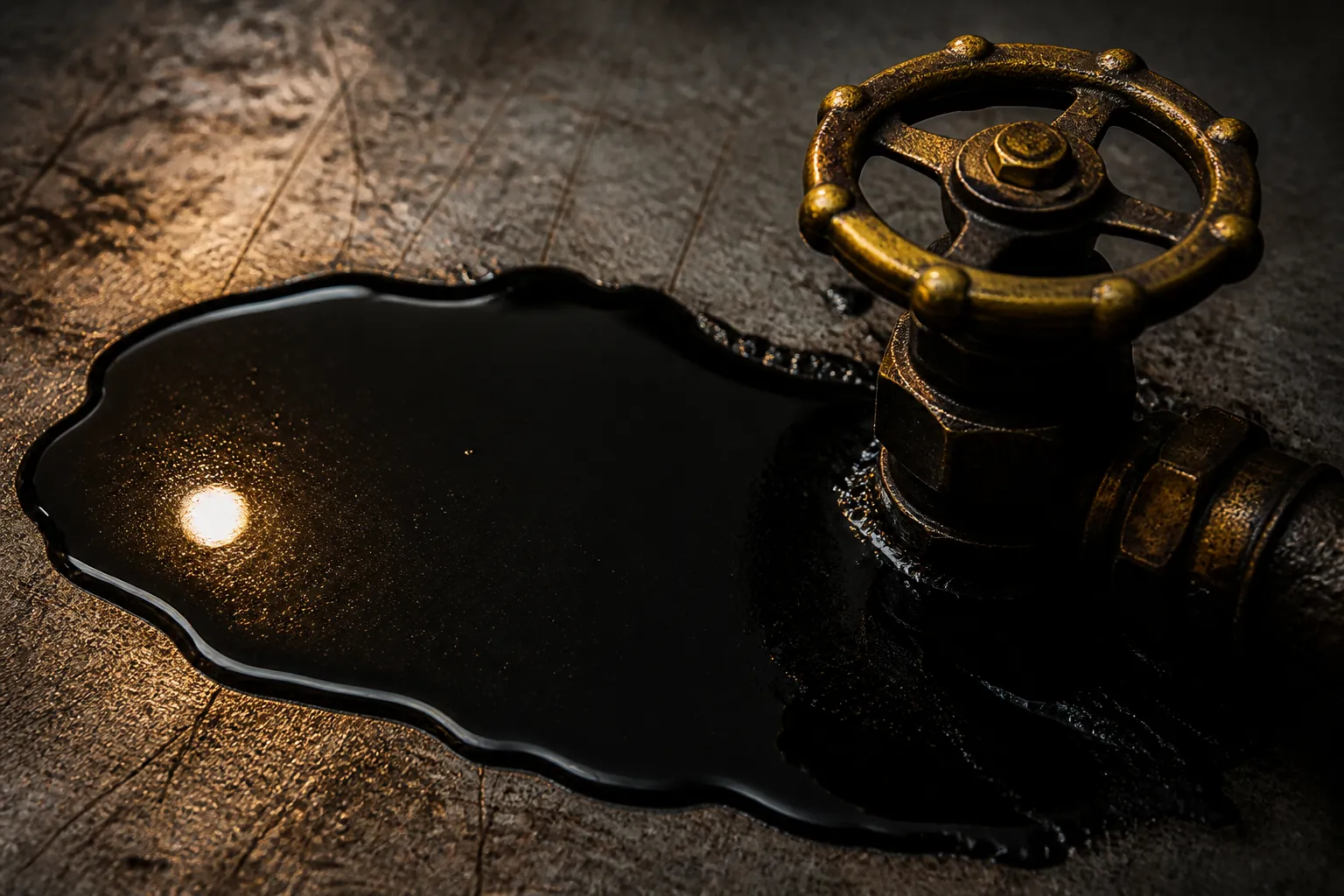 Brent crude oil price: glossy black oil on scarred steel under amber industrial light