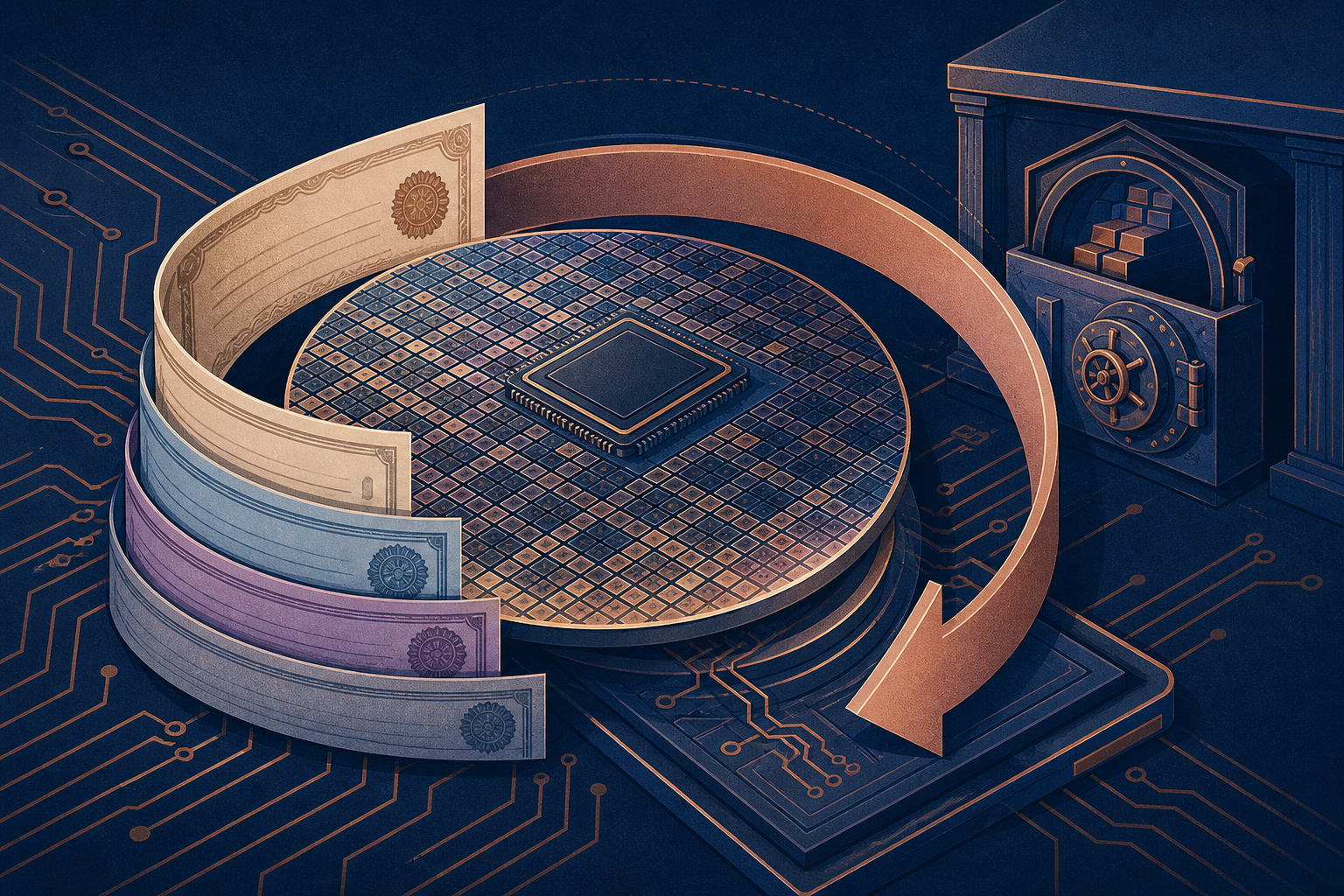 Broadcom stock AVGO AI debt: custom chip wafer with debt certificate ribbons and lease-loop arrows on navy board