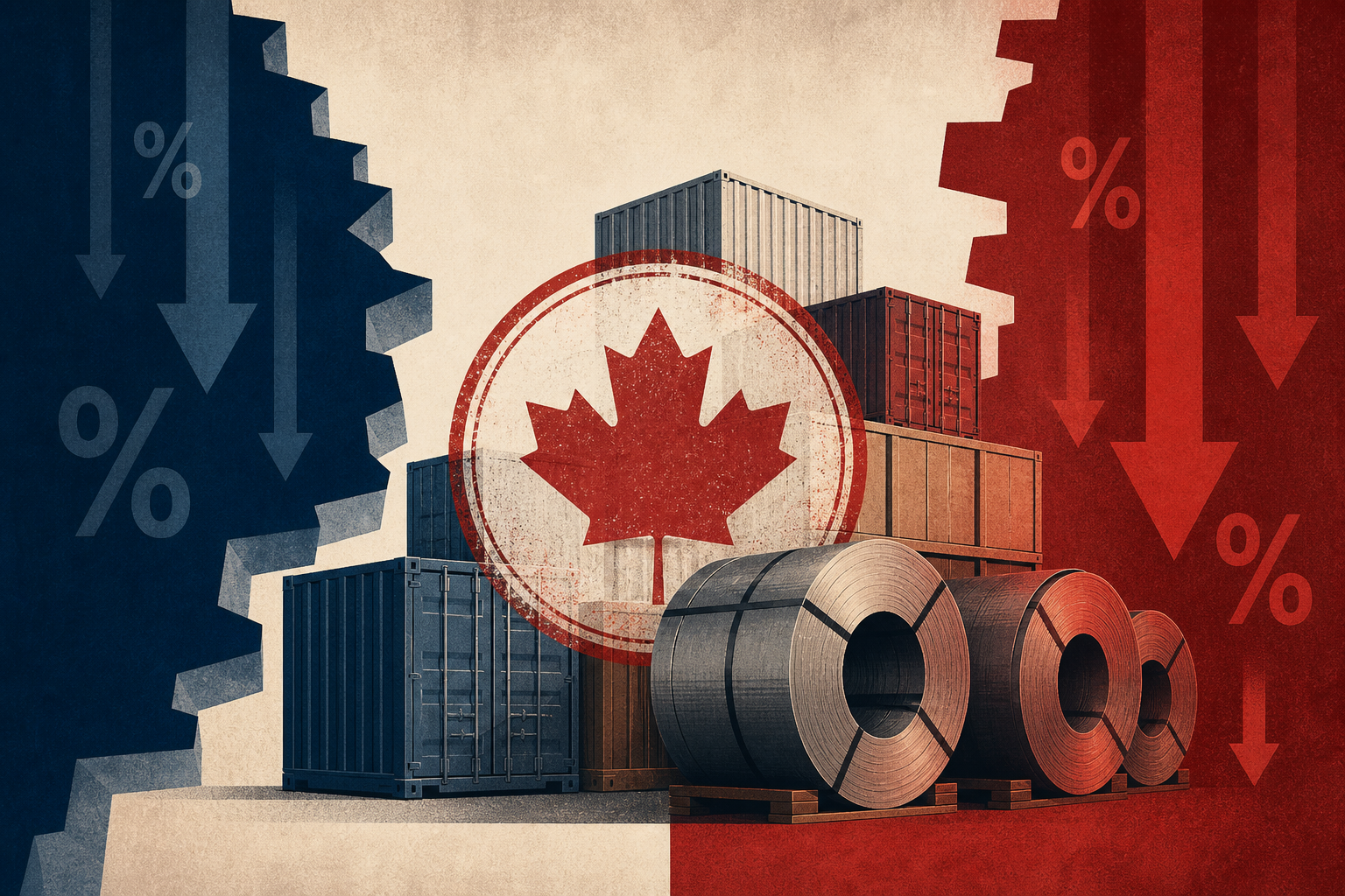 Canada retaliatory tariffs: maple leaf stamp over cargo crates and steel coils on navy-crimson split border