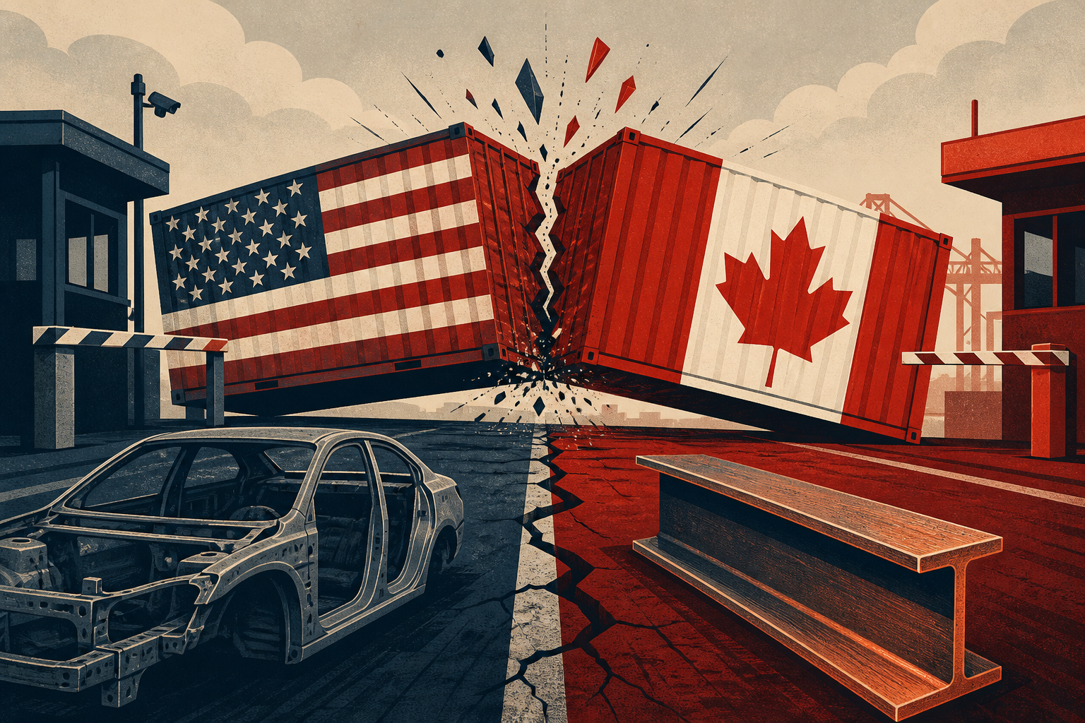 Canada tariffs trade war: split US-Canada cargo containers at border with auto chassis and steel beam, maple red and navy palette