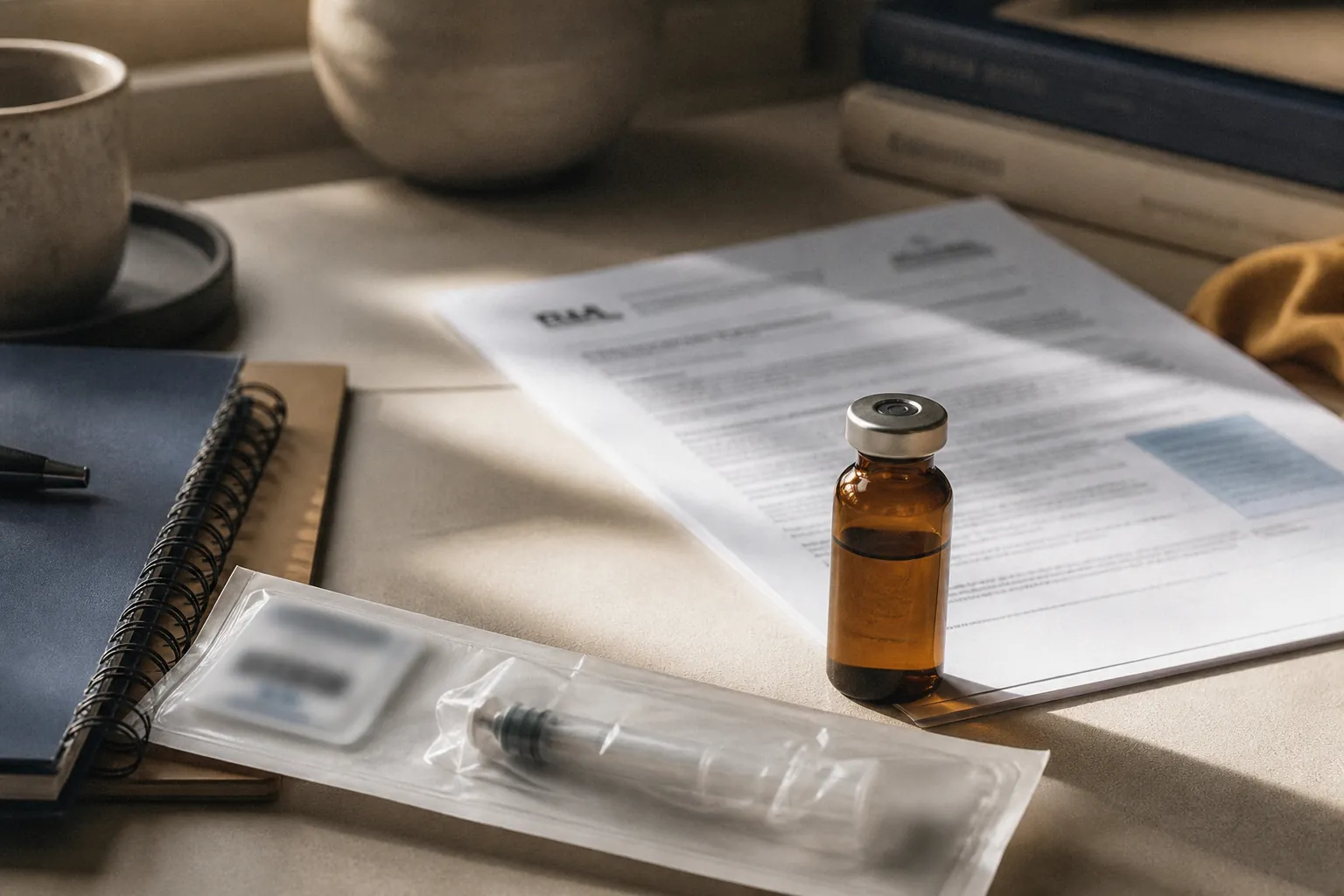 Compounded GLP-1: unlabeled vial and paperwork on a desk, no brand names