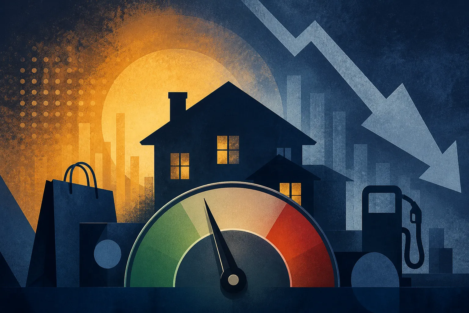Consumer confidence: indigo household silhouette with amber present glow and slate expectations arrow