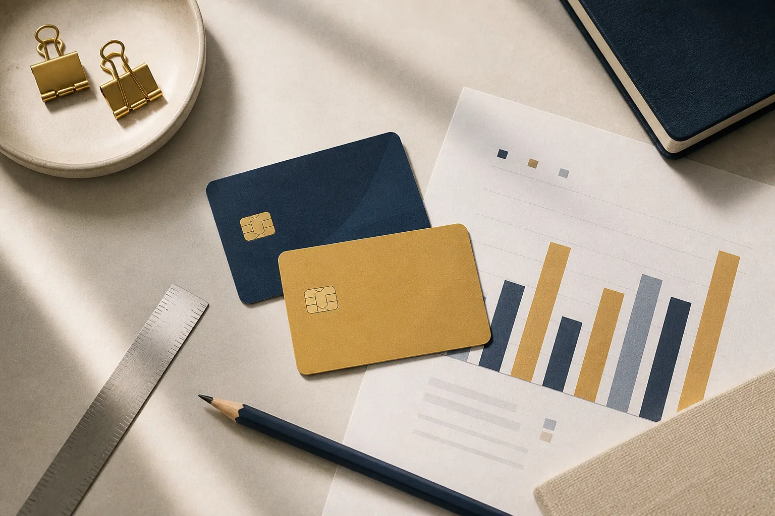 Credit utilization ratio: unlabeled cards and a simple bar chart on a desk