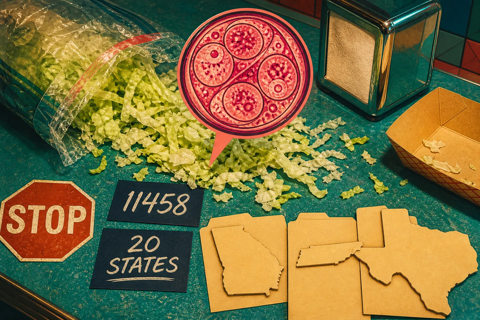 Cyclospora outbreak: teal diner counter, shredded iceberg spilling from a torn bag, coral oocyst inset, navy 11458 and 20 STATES tags, Georgia Tennessee Texas cutouts