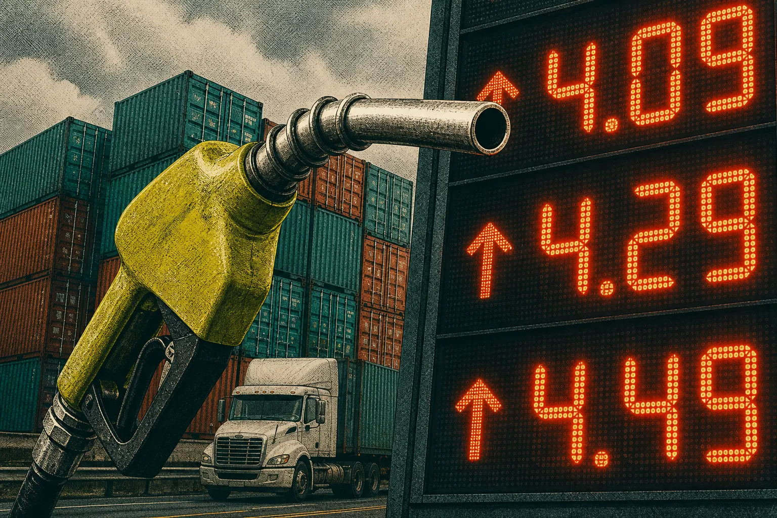 Diesel price: yellow-green pump nozzle, red-orange rising price board, teal freight containers