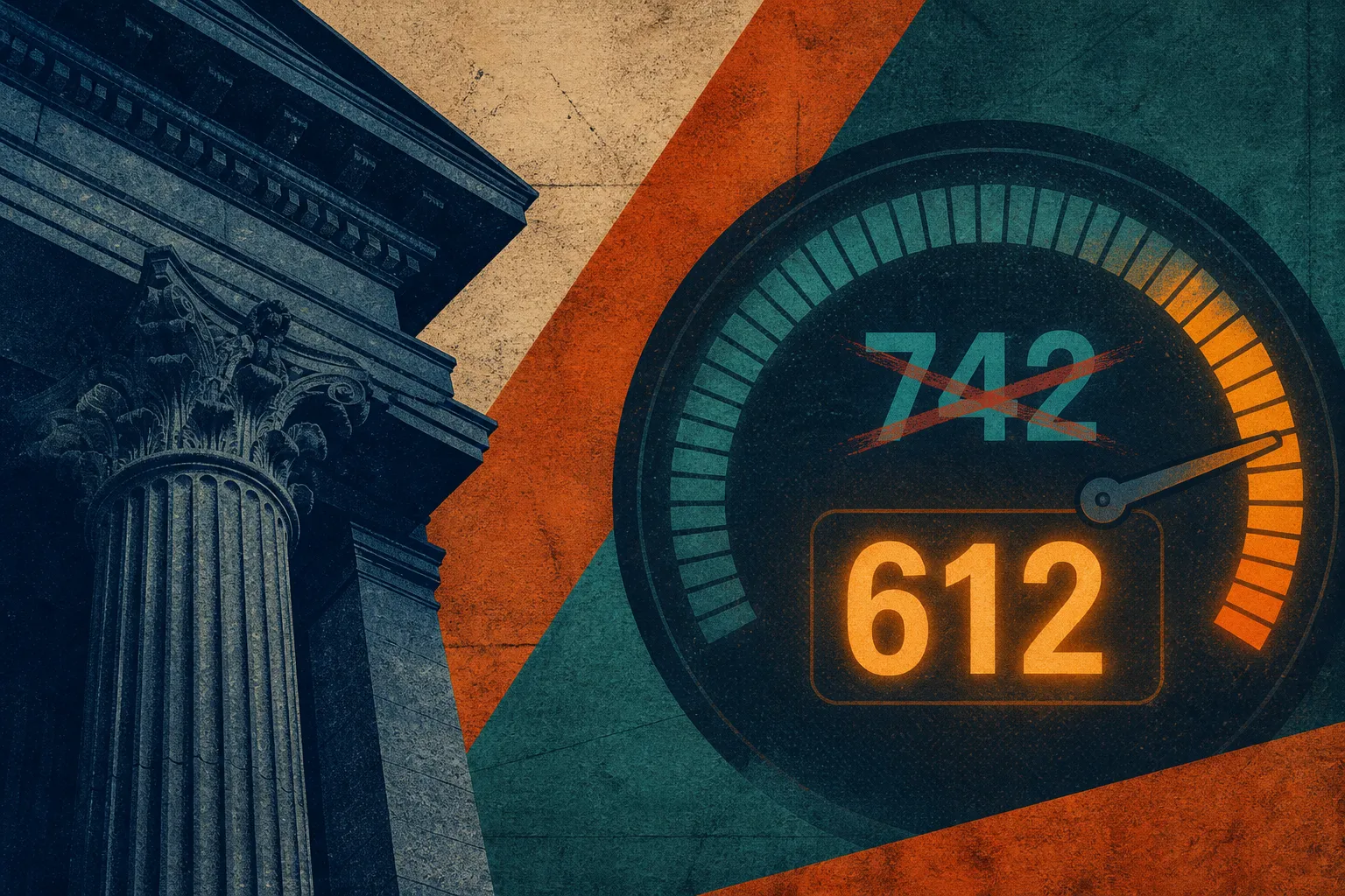 Equifax settlement graphic: navy courthouse column, amber misread credit score dial, teal and rust diagonal stripes