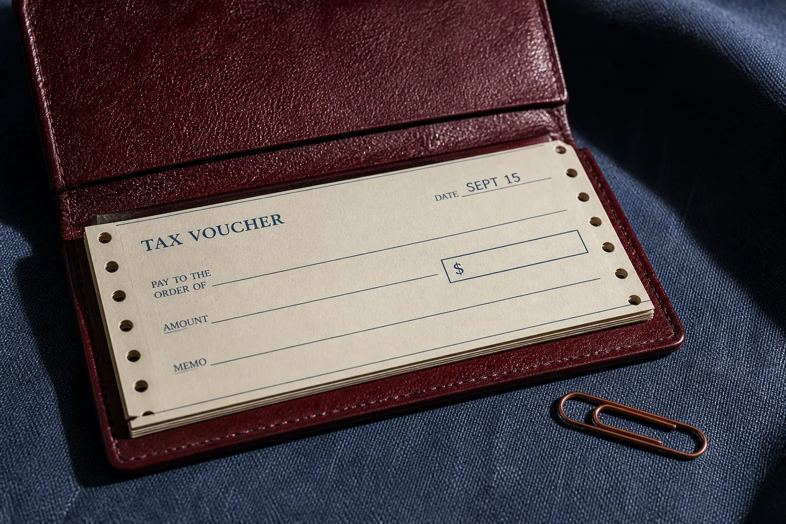 Estimated tax September 15: burgundy voucher holder and cream perforated stub on slate linen