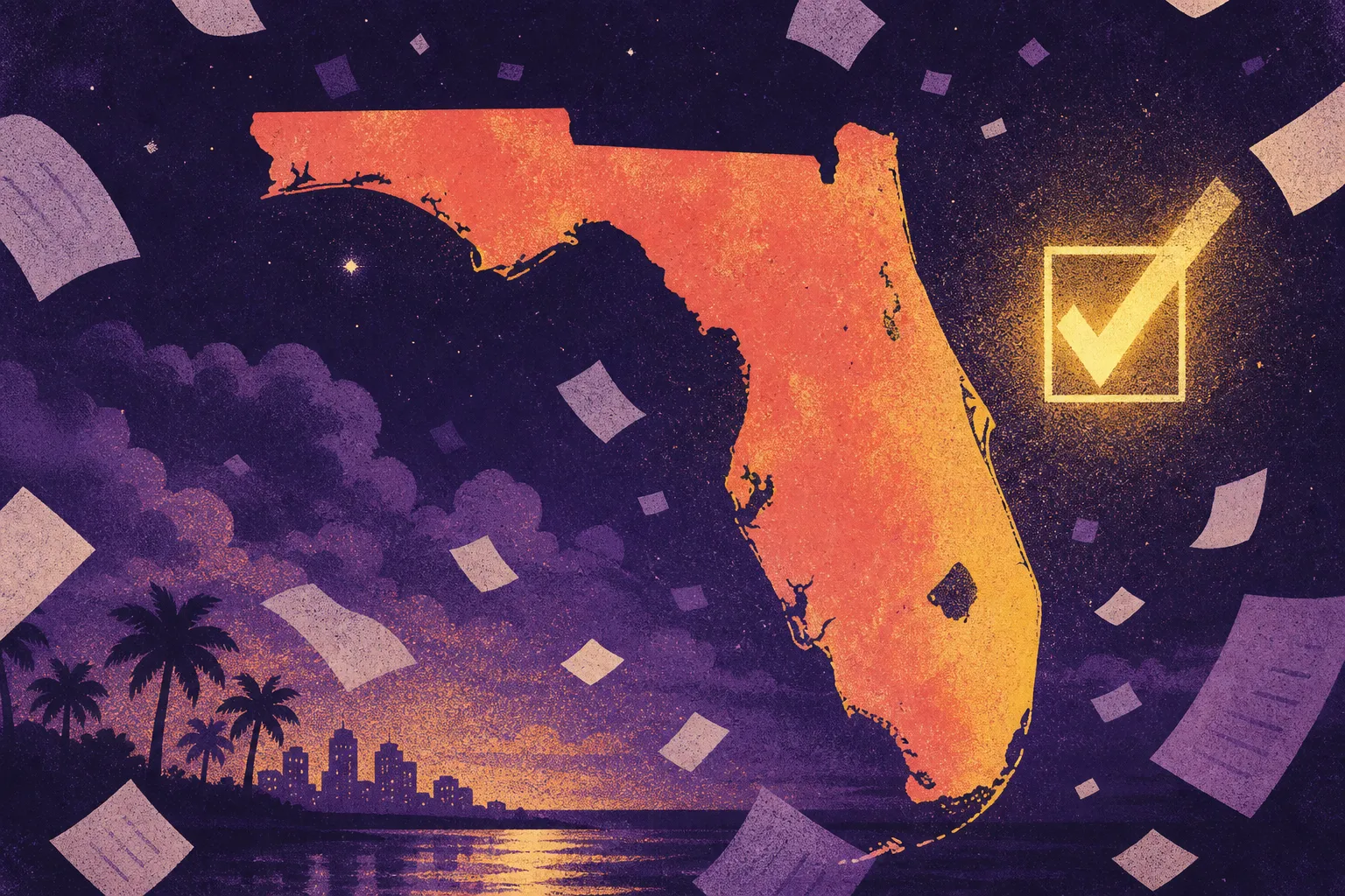 Florida primary results 2026: coral-gold state silhouette on purple night, abstract ballot fragments