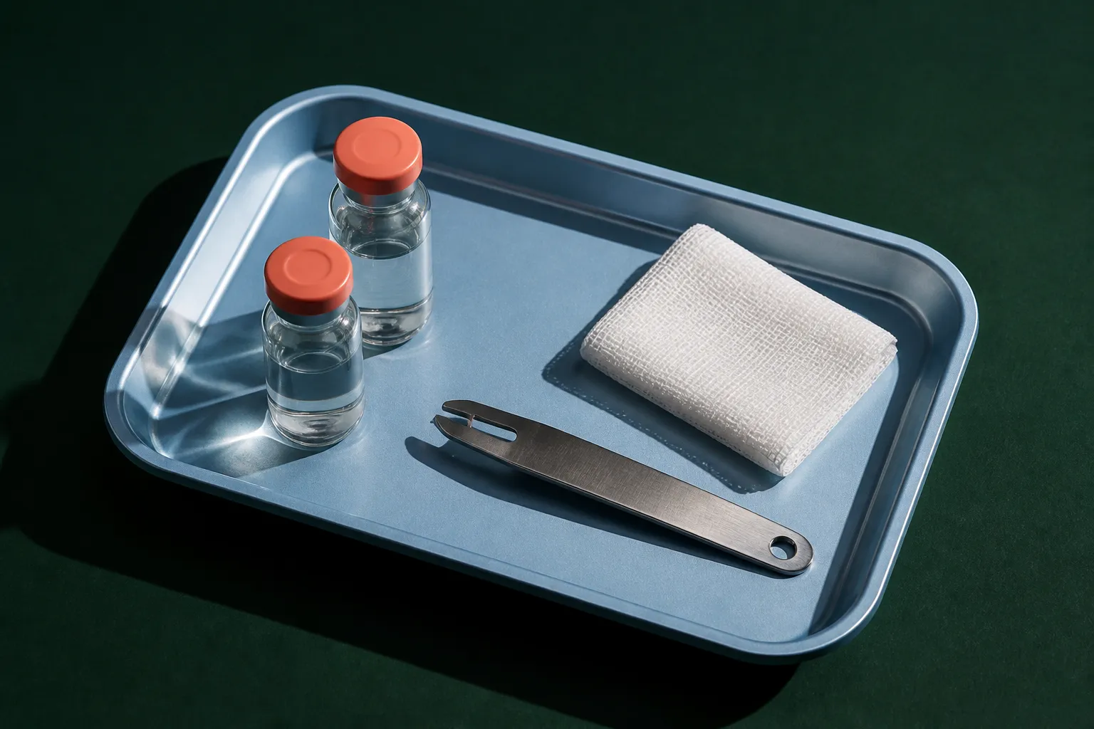 Flu vaccine 2026-2027: ice-blue tray, coral-stoppered vials on forest-green paper