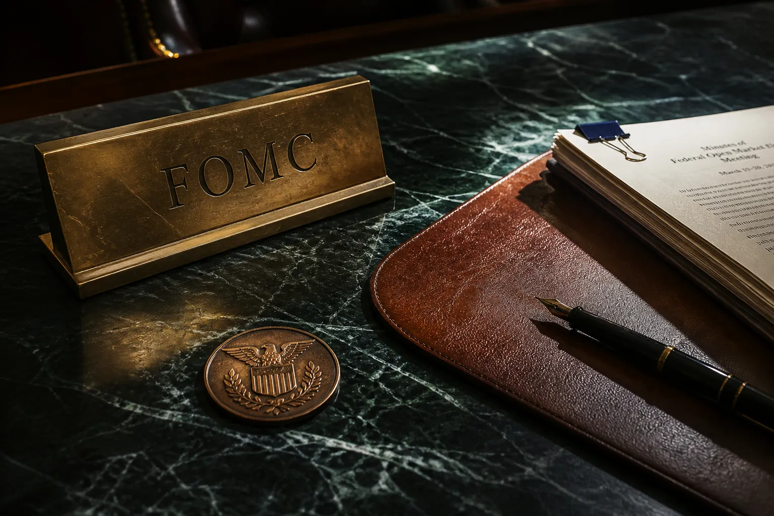 FOMC minutes: brass nameplate and rust leather blotter on dark green marble