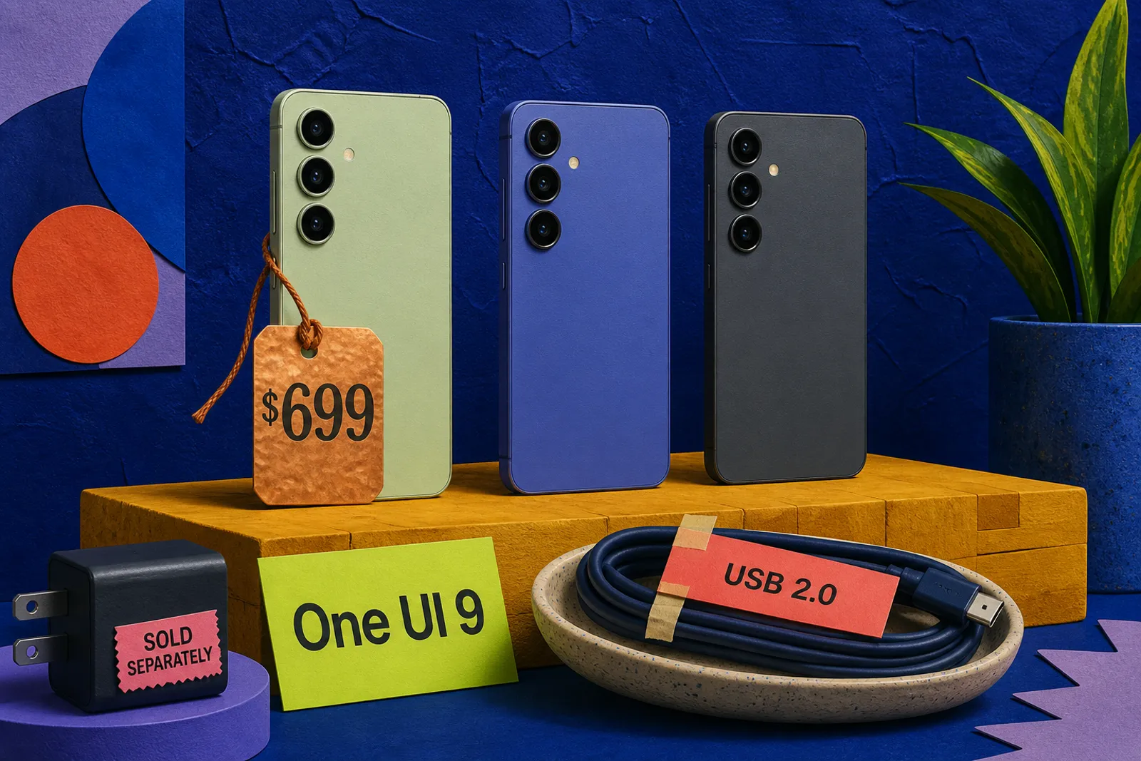 Galaxy S26 FE: pistachio, blueberry, and graphite slabs on a mustard butcher-block, copper $699 tag, coral USB 2.0 ribbon on a navy cable, lime One UI 9 card