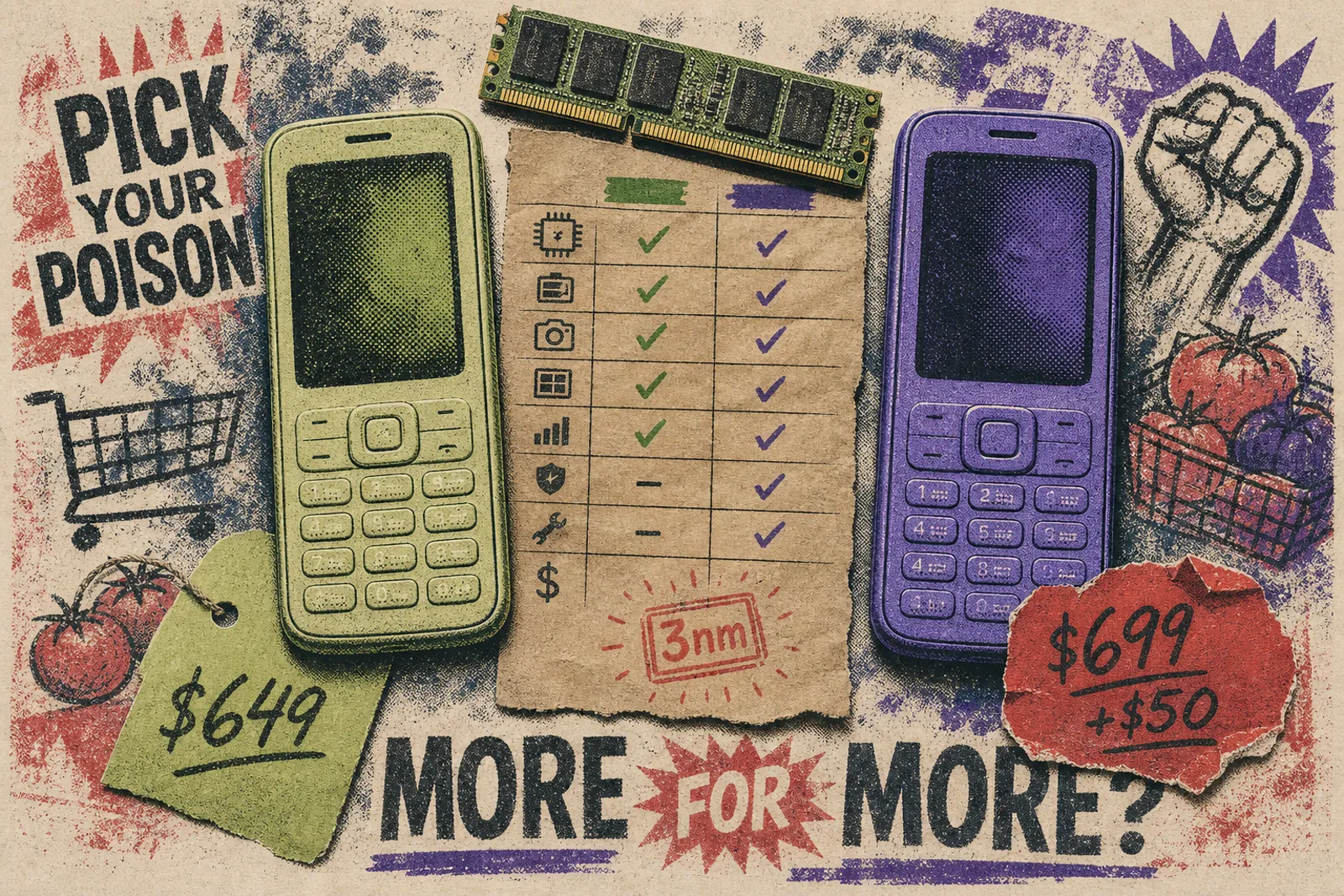 Galaxy S26 FE vs S25 FE: pistachio and blueberry phones on a butcher-paper price chart with a $50 sticker