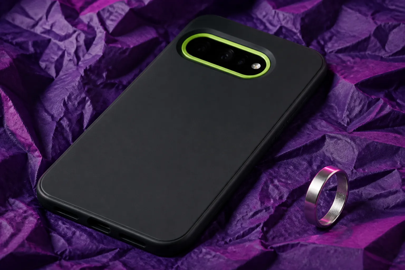 Gemini in Chrome Android: charcoal phone bezel, lime camera ring, violet paper, magenta rim light