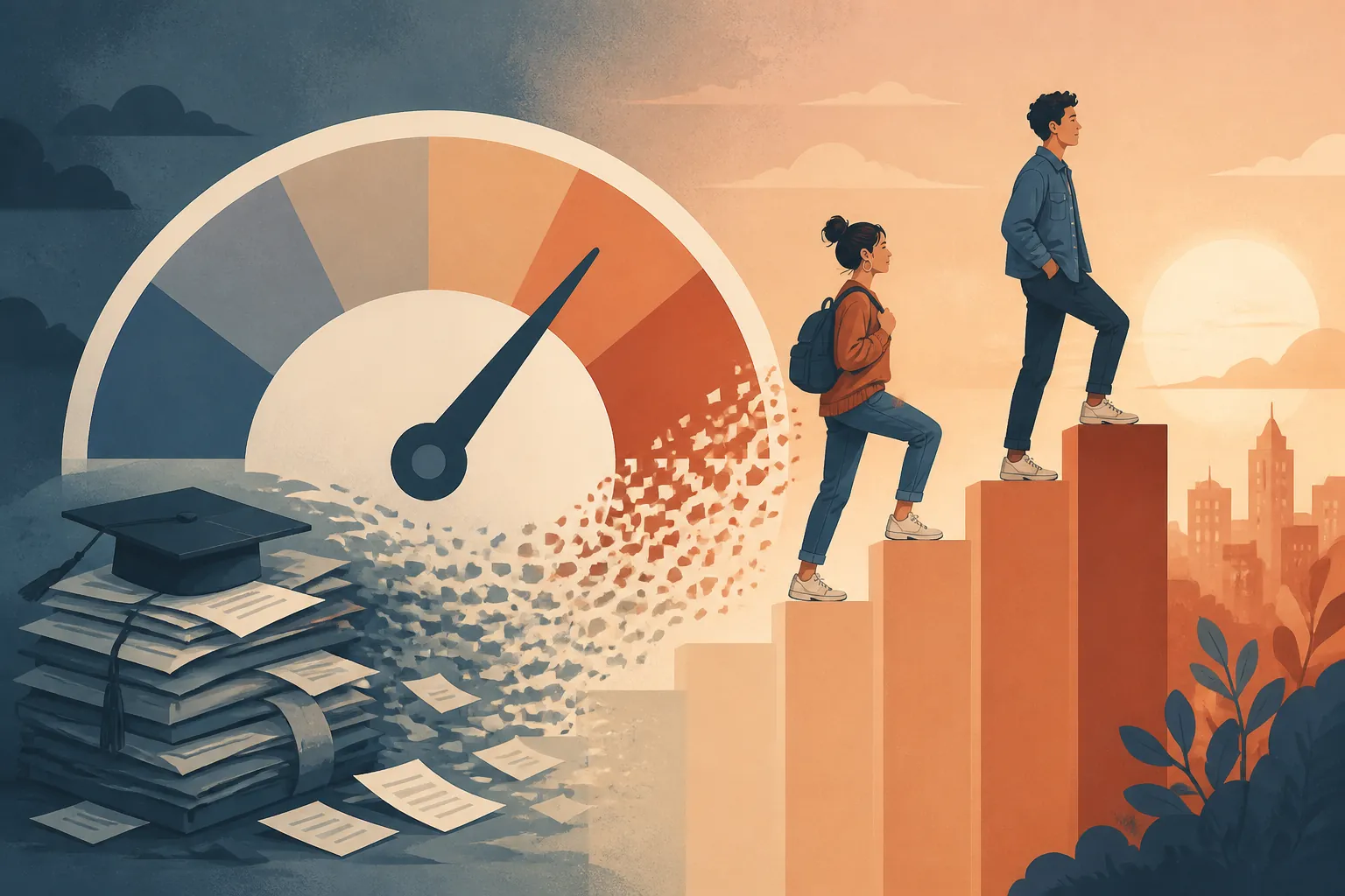 Gen Z credit scores: terracotta-and-slate FICO dial climbing over dissolving student-loan paper stack