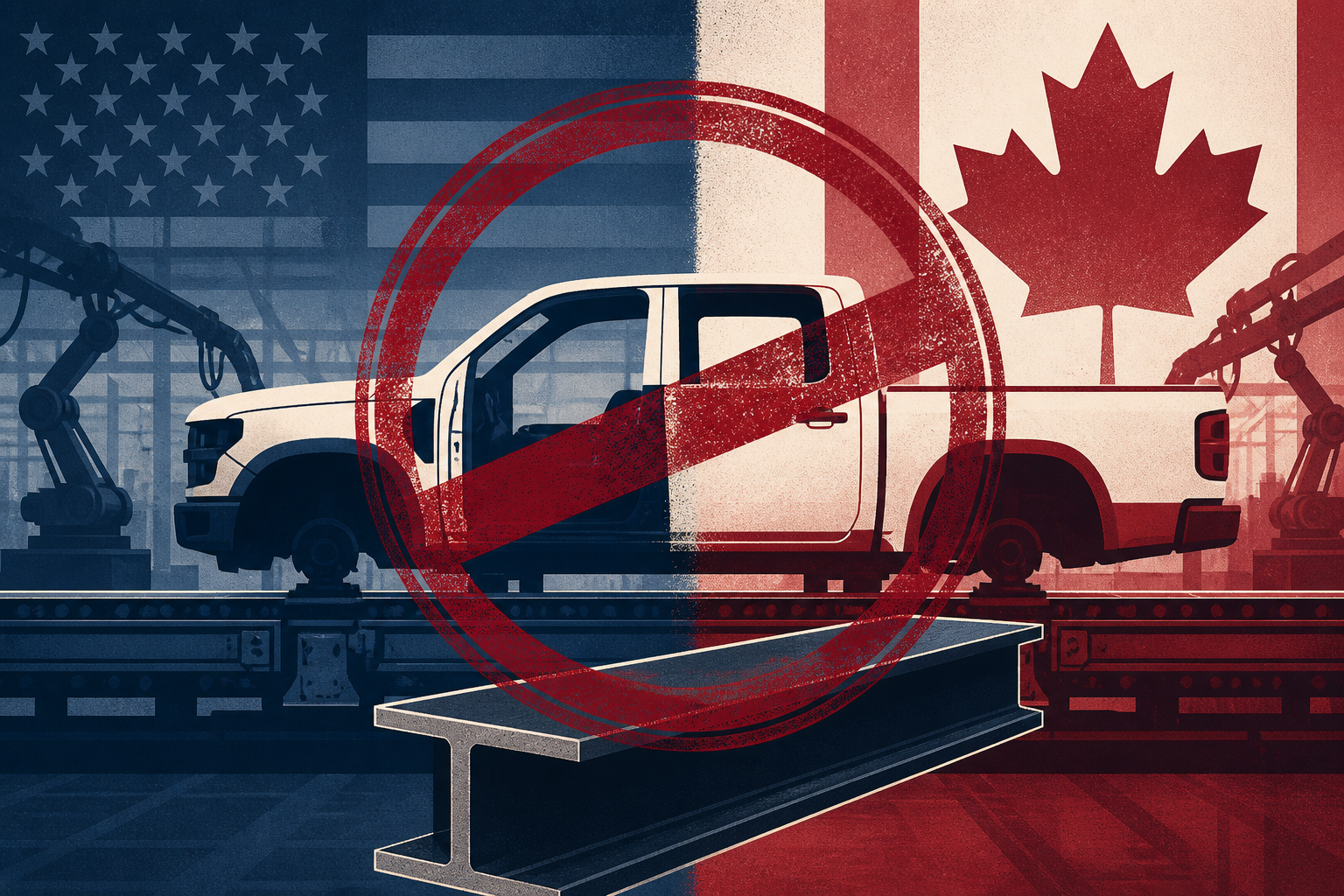 GM stock Canada auto tariffs: pickup silhouette on split US-Canada assembly line with crimson tariff stamp overlay