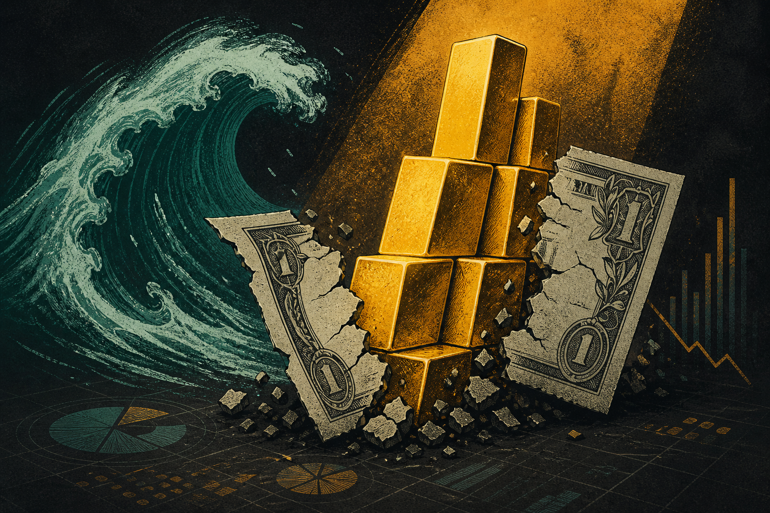 Gold price August 2026: stacked ingots rising through fractured dollar silhouette on charcoal macro desk