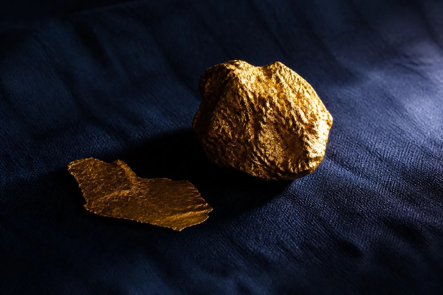 Gold price: rough gold nugget and gold leaf on deep indigo linen under a hard spotlight