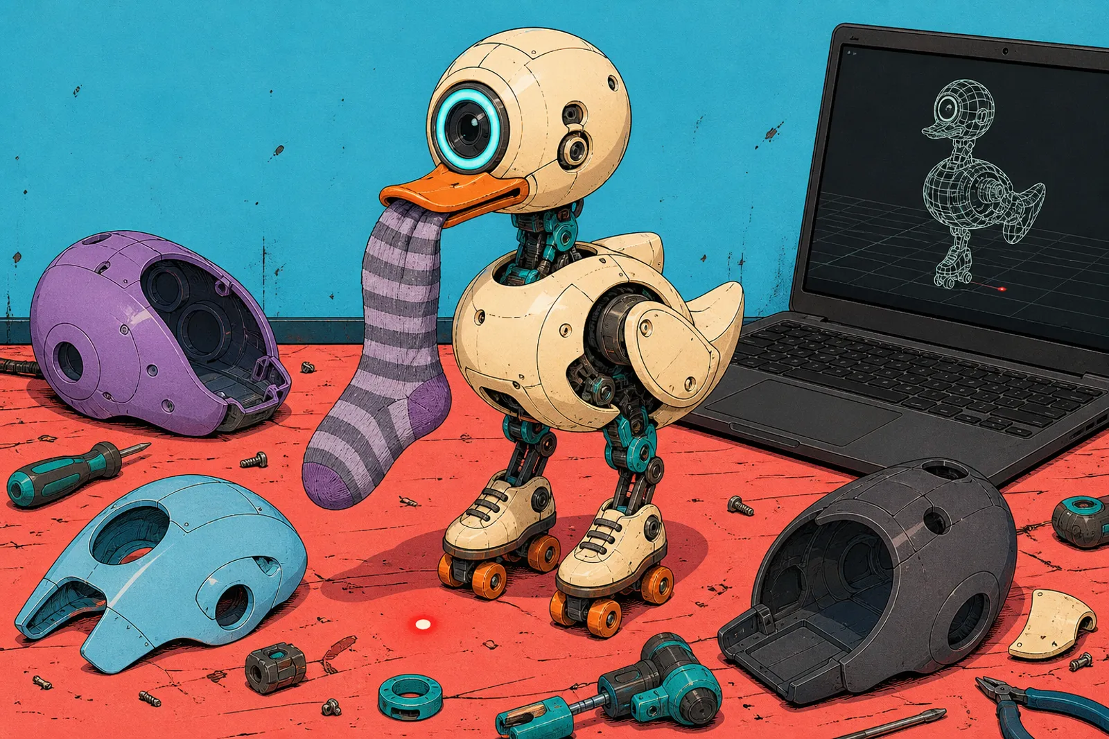 Hugging Face Microduck: cream biped duck robot on roller skates with orange beak holding a sock, color shells and sim laptop nearby