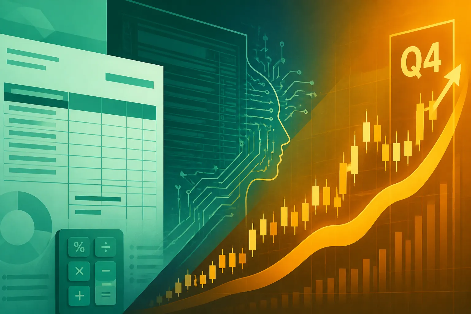 Intuit stock: teal ledger grid and amber earnings candles split by an abstract tax-form silhouette