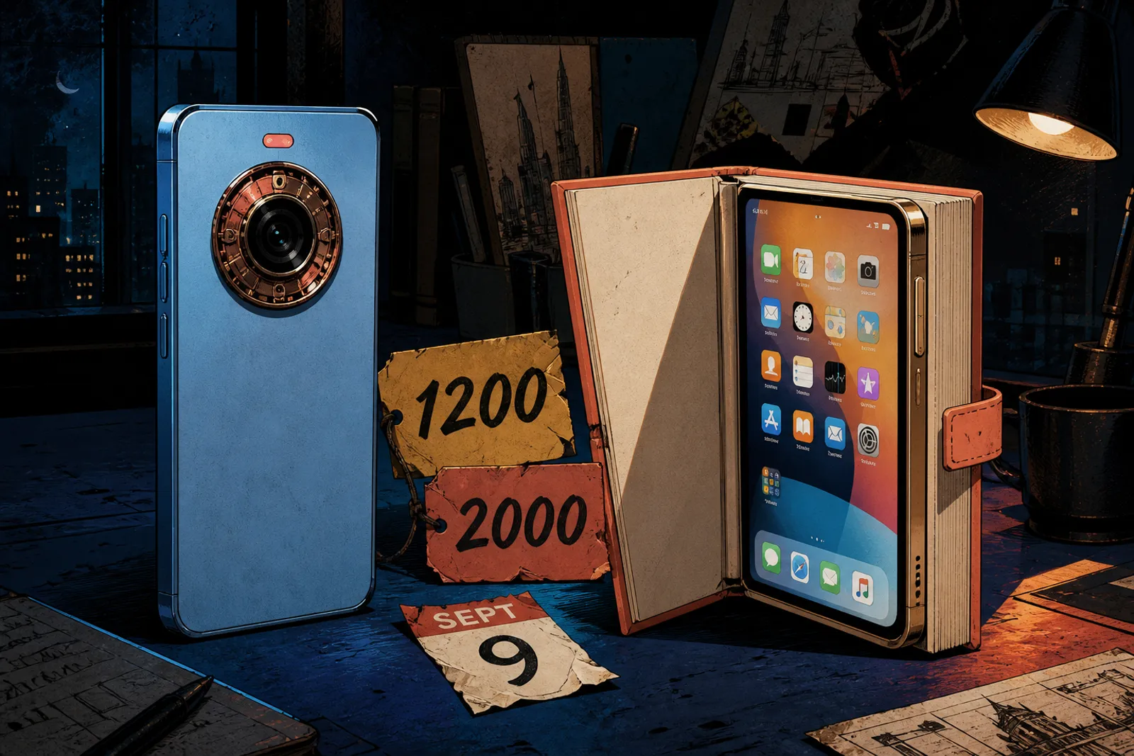 iPhone 18 Pro vs Fold: sky-blue slab with copper aperture camera beside a cream book-style foldable, Sept. 9 scrap and 1200/2000 price tags