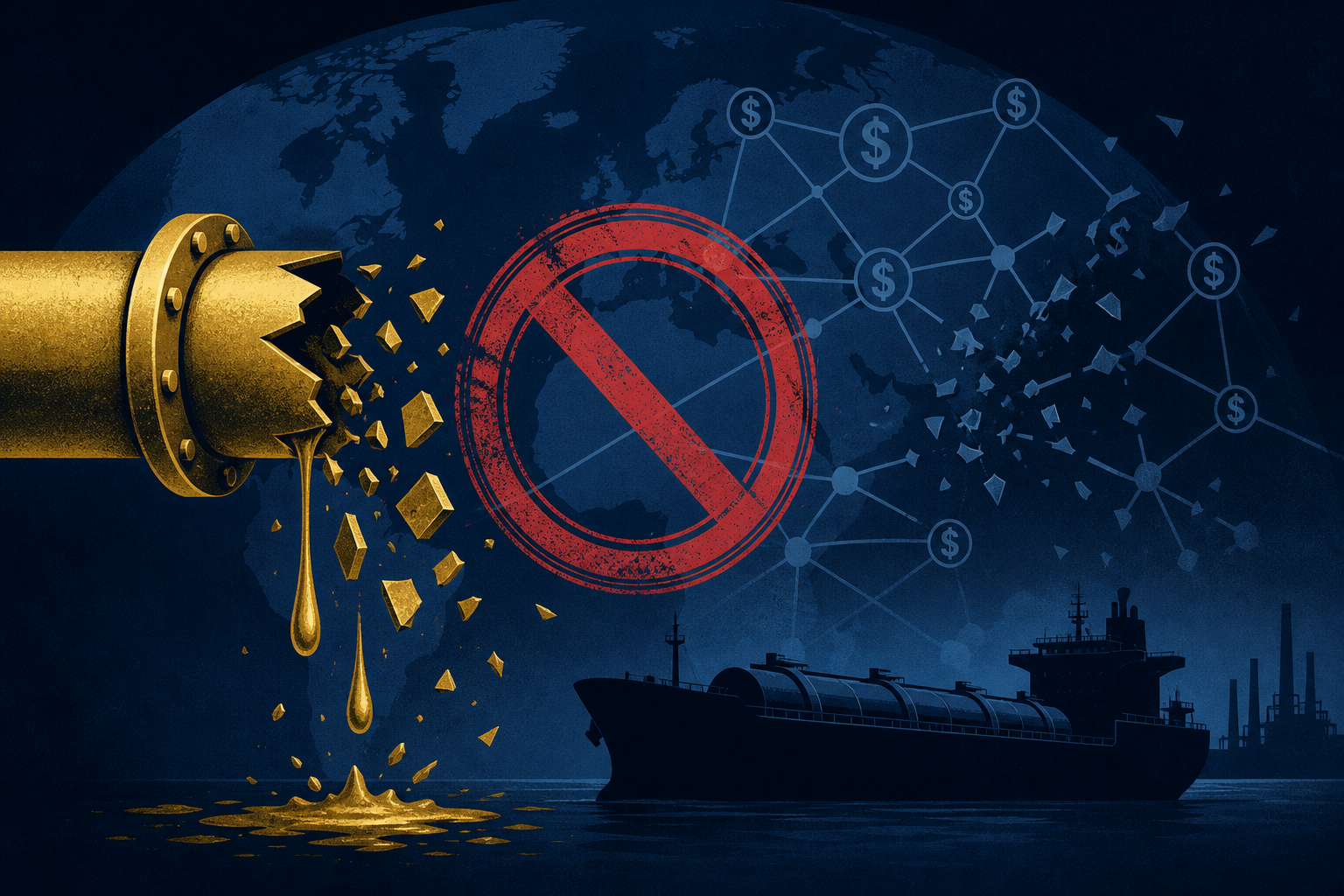 Iran sanctions Operation Economic Outcast: severed gold pipeline and tanker silhouette on navy globe with breaking dollar network nodes