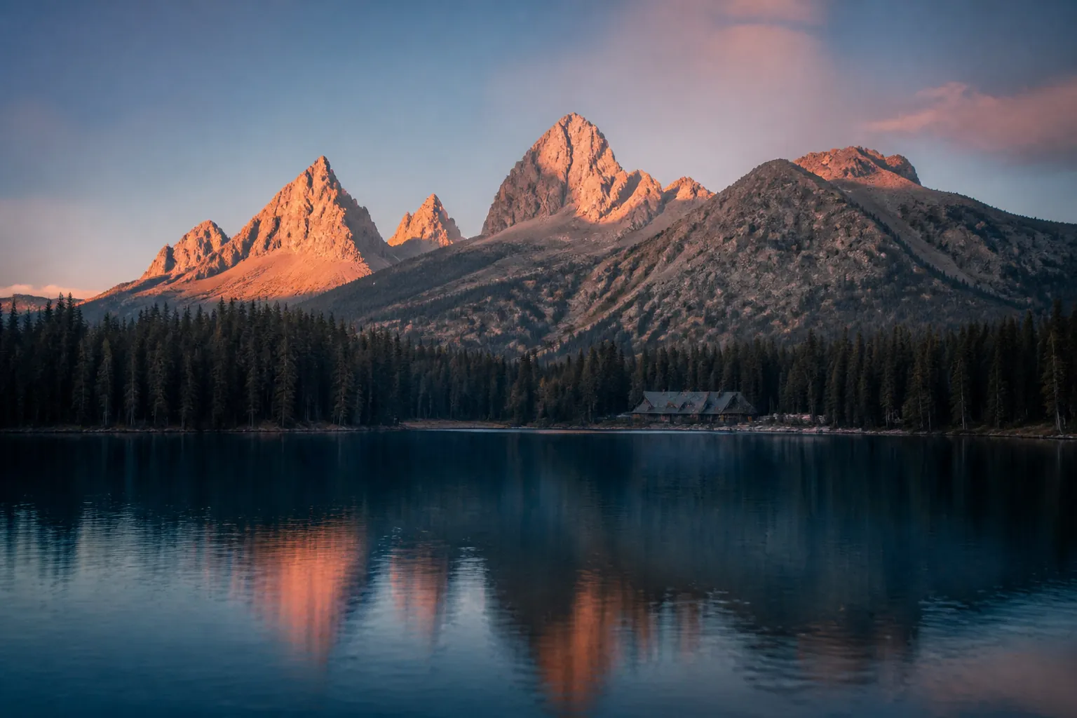 Jackson Hole 2026: dawn over a Wyoming alpine lake and timber lodge, teal water and gold ridgeline