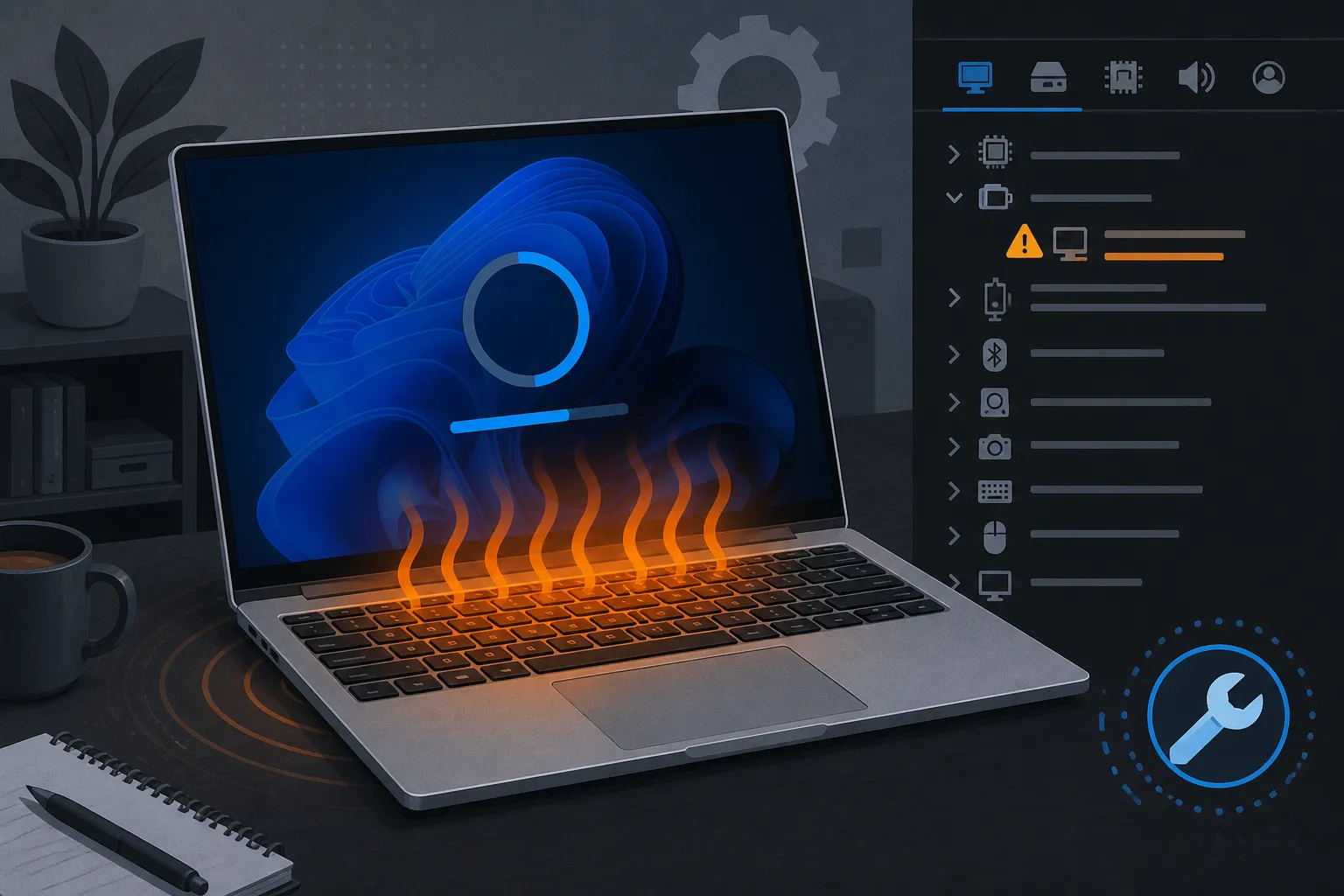 KB5121767 fix: silver laptop with orange heat ripples, cobalt Windows update ring on screen, warning triangle hint