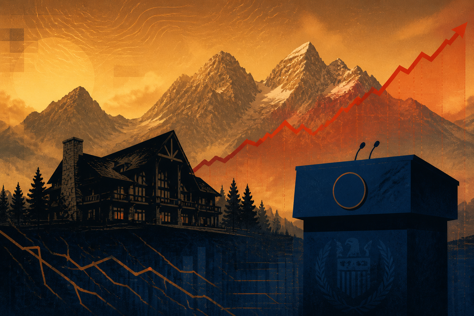 Kevin Warsh Jackson Hole speech: timber lodge against amber mountains with rising bond yield curve overlay