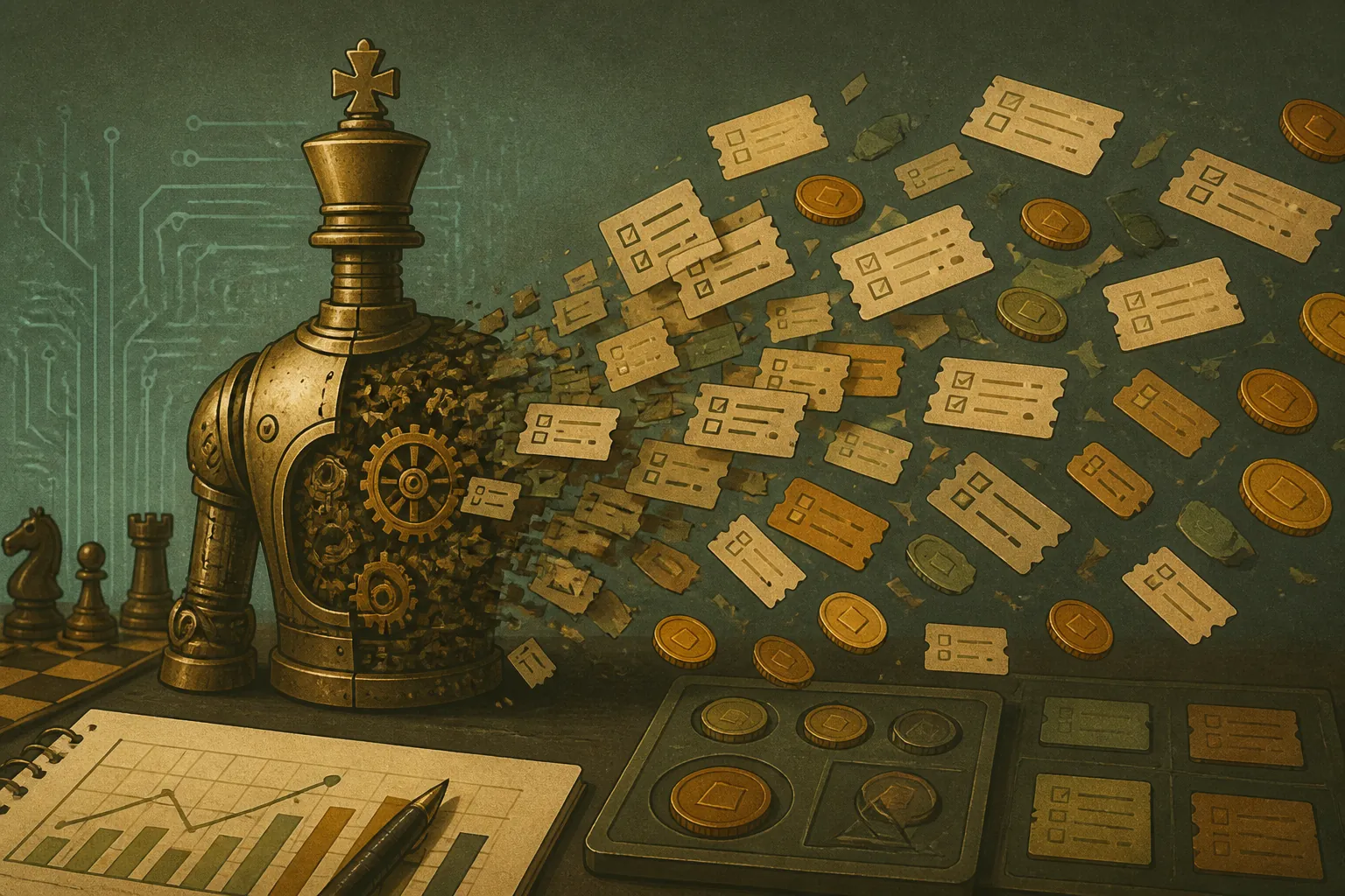 Mechanical Turk shutdown: brass automaton dissolving into task tickets on olive desk with teal circuit ghost