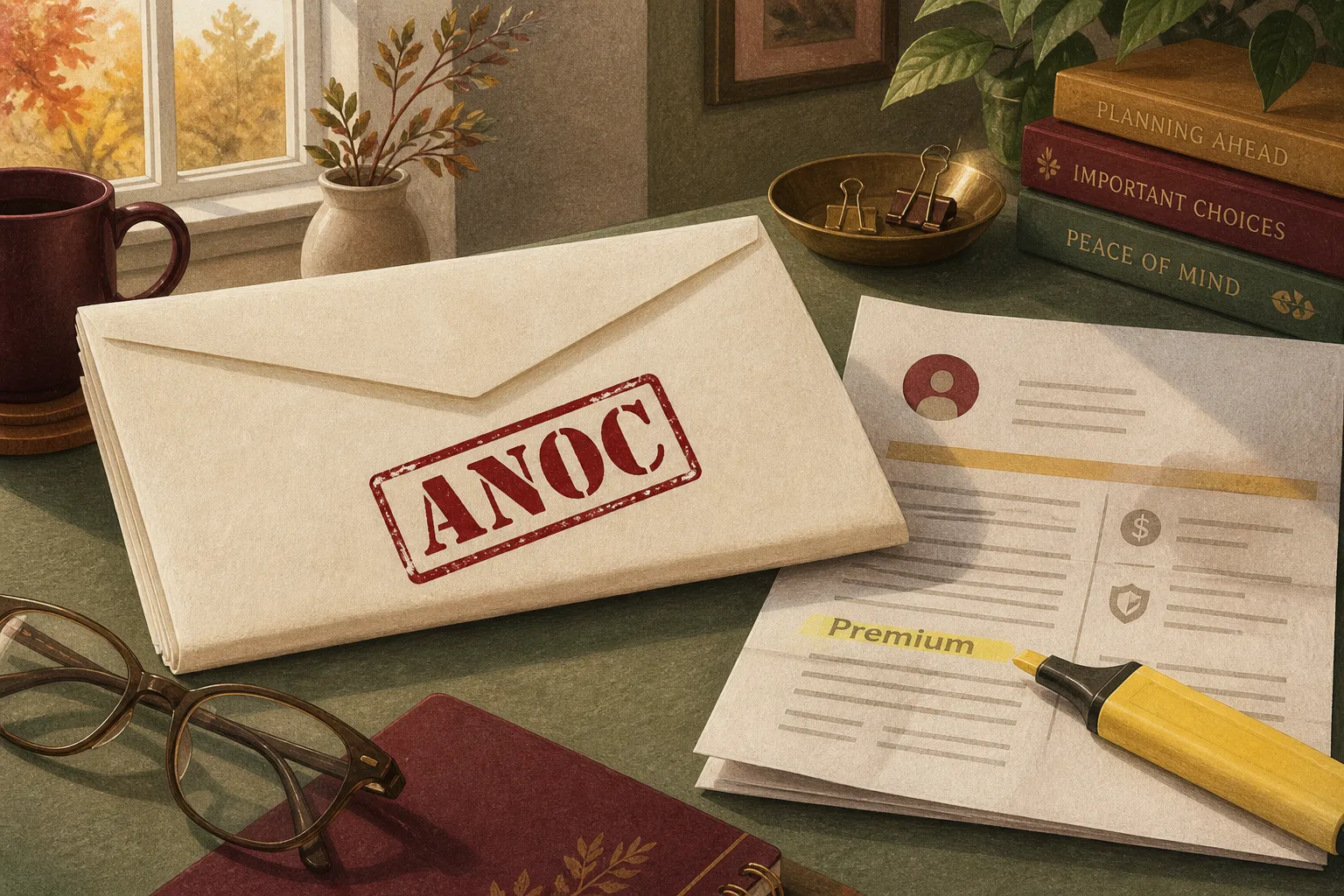 Medicare ANOC 2027 letter: cream envelope with red stamp, sage desk, burgundy highlighter on premium line