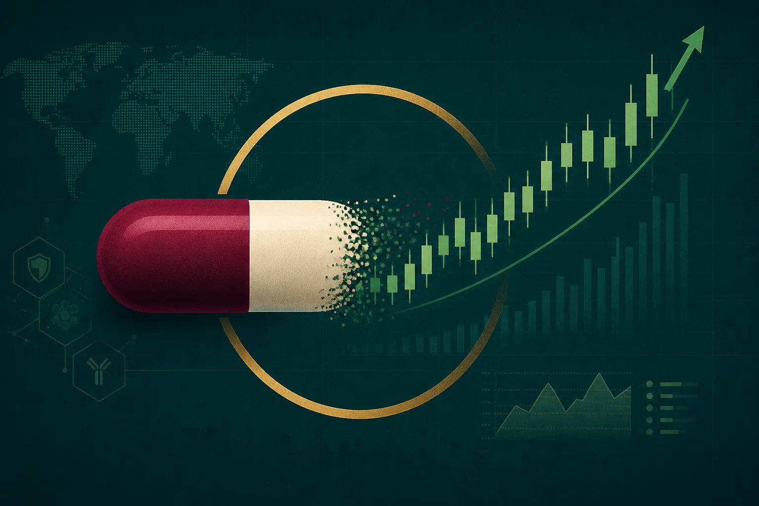 Merck stock: burgundy-cream capsule merging into green candlestick chart on teal dashboard background