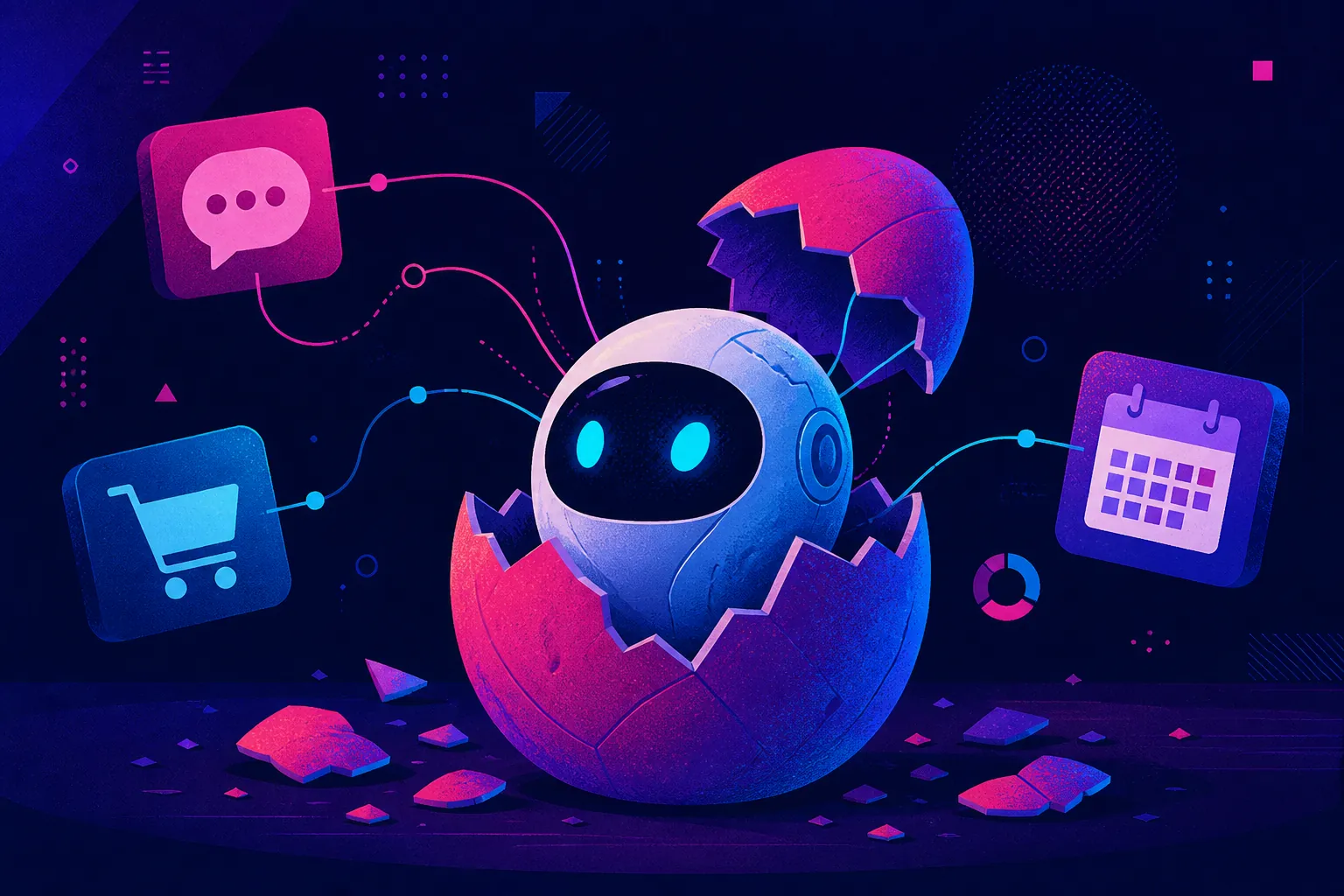 Meta Hatch AI agent: magenta hatchling orb emerging from cracked egg with chat and calendar threads
