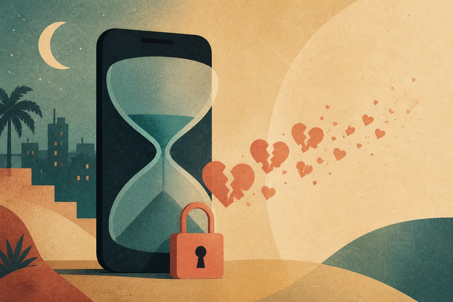Meta teen settlement: teal hourglass over phone silhouette with coral night lock and fading like hearts