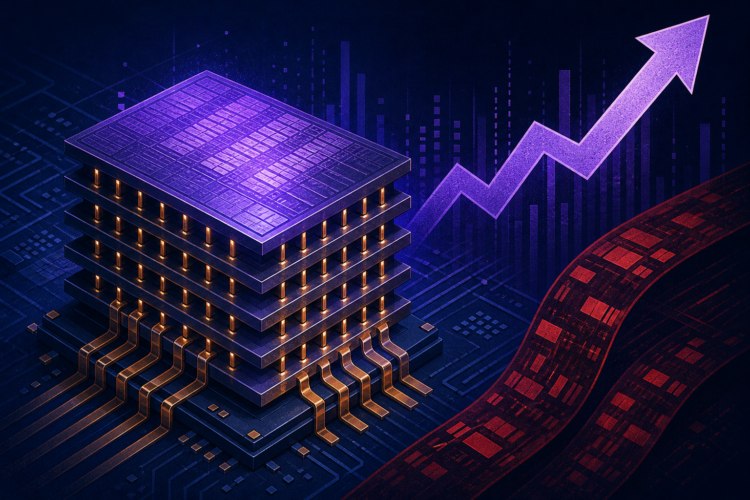 Micron stock MU AI memory: HBM chip stack with violet glow and copper traces on navy PCB