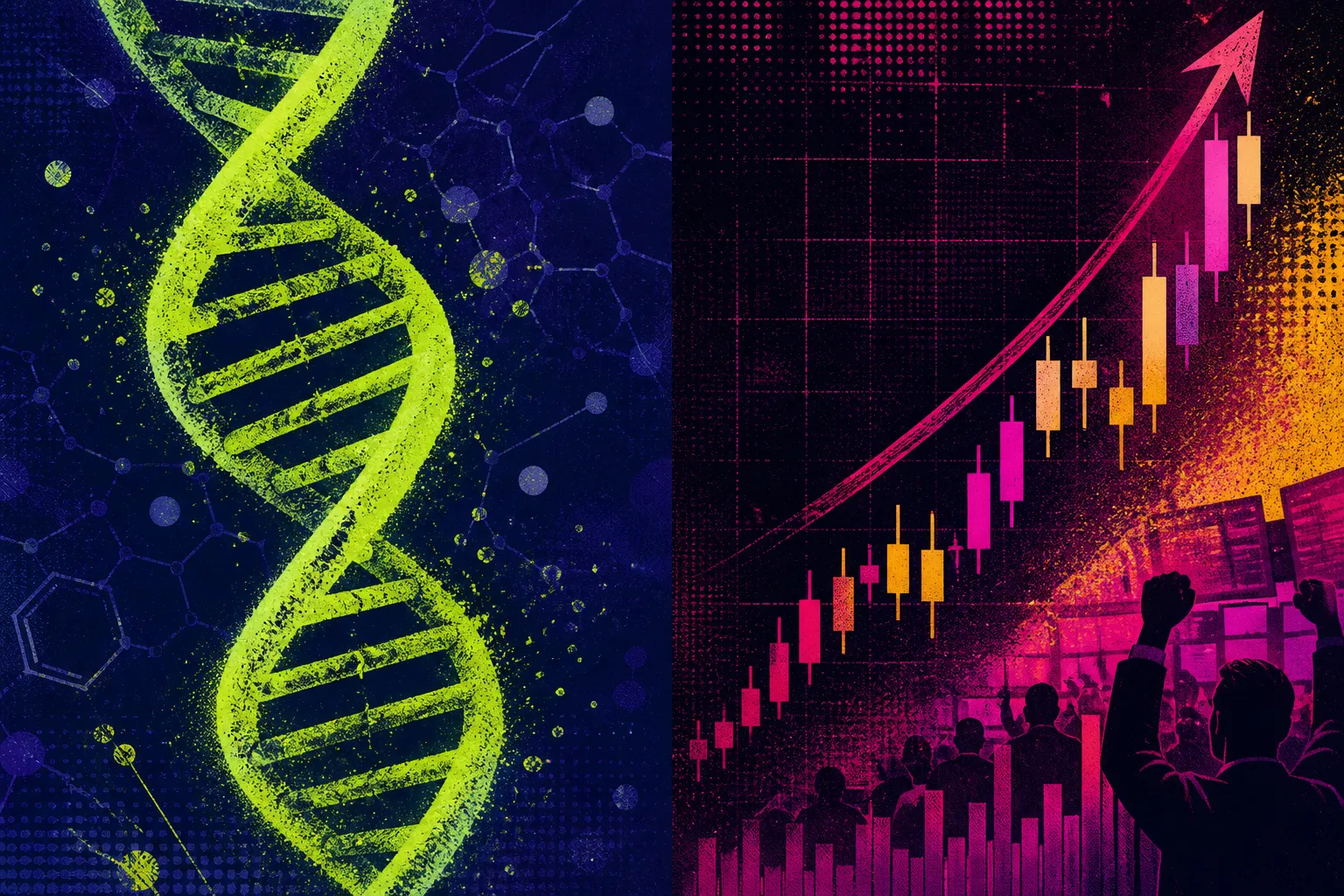 Moderna stock: lime DNA helix on indigo, magenta-gold rising candlestick chart, screen-print grain