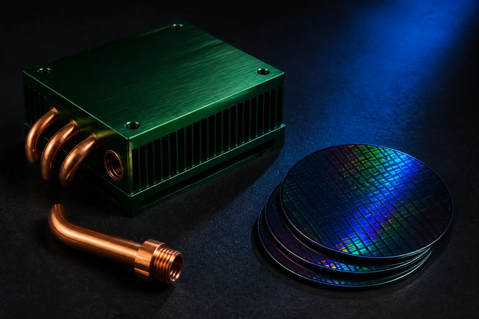 NVIDIA earnings: emerald heatsink and copper pipes on charcoal, cobalt spotlight