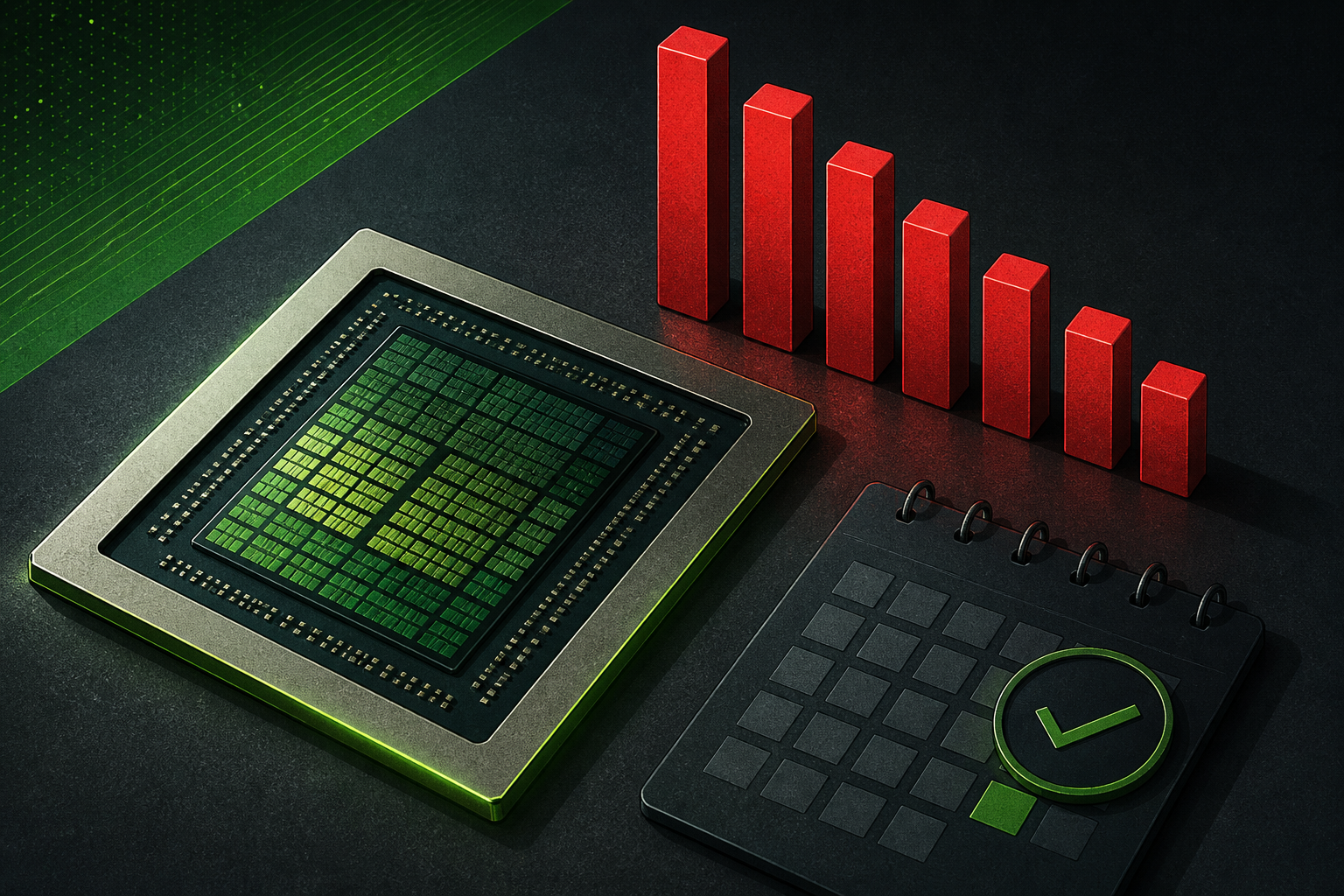 NVIDIA stock August 2026: GPU die with seven descending red bars and earnings calendar motif on charcoal desk