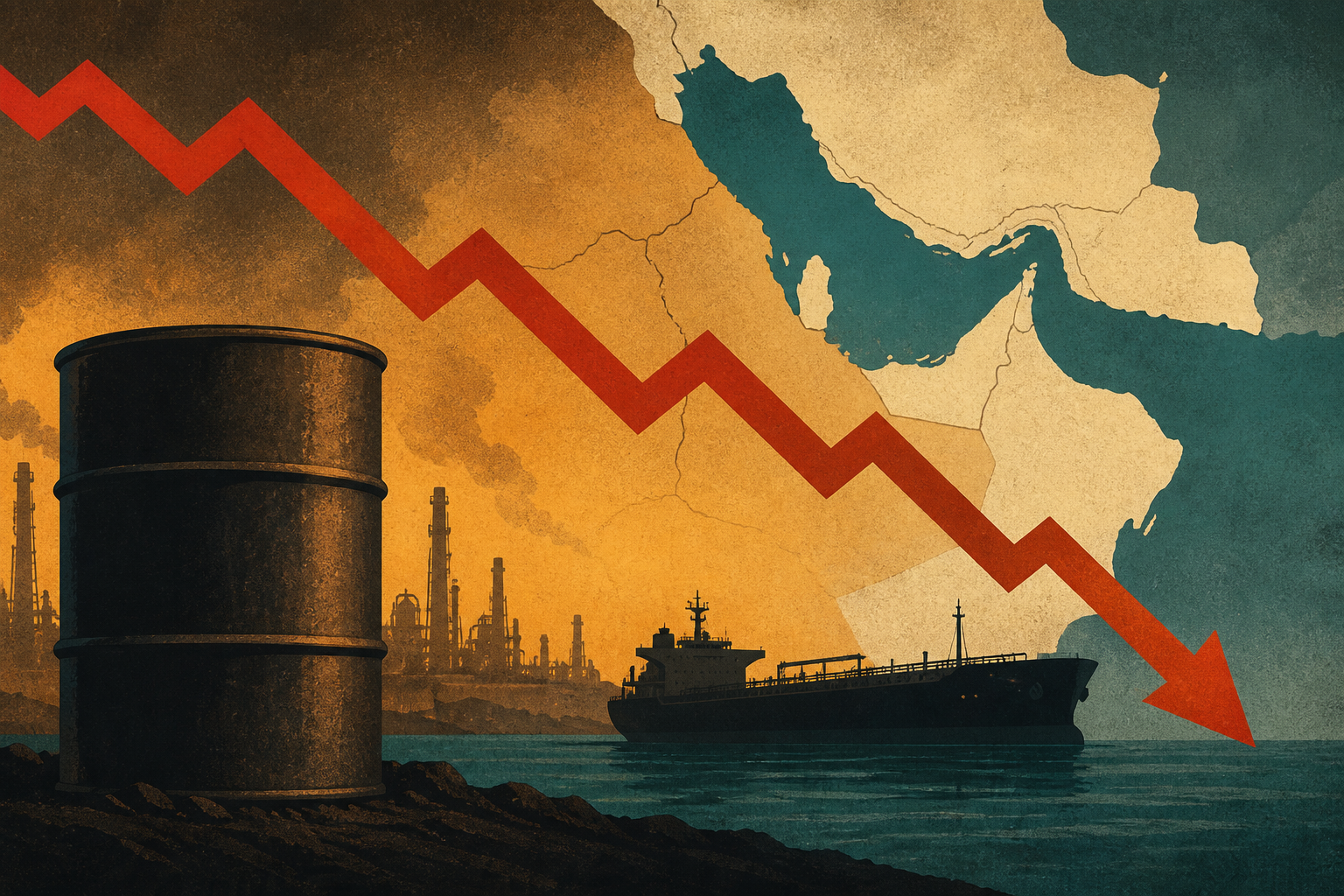 Oil price August 2026: oil barrel and tanker under descending red arrow with teal Hormuz water hint