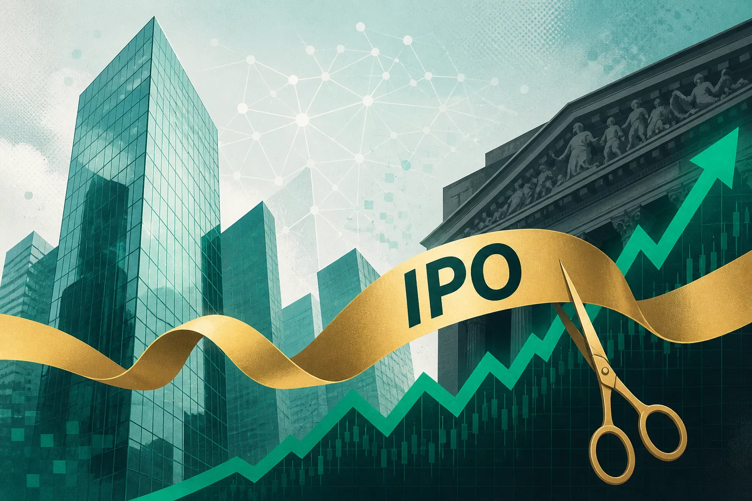 OpenAI IPO: teal-charcoal exchange facade, gold IPO ribbon over emerald ascending chart, soft AI network dots